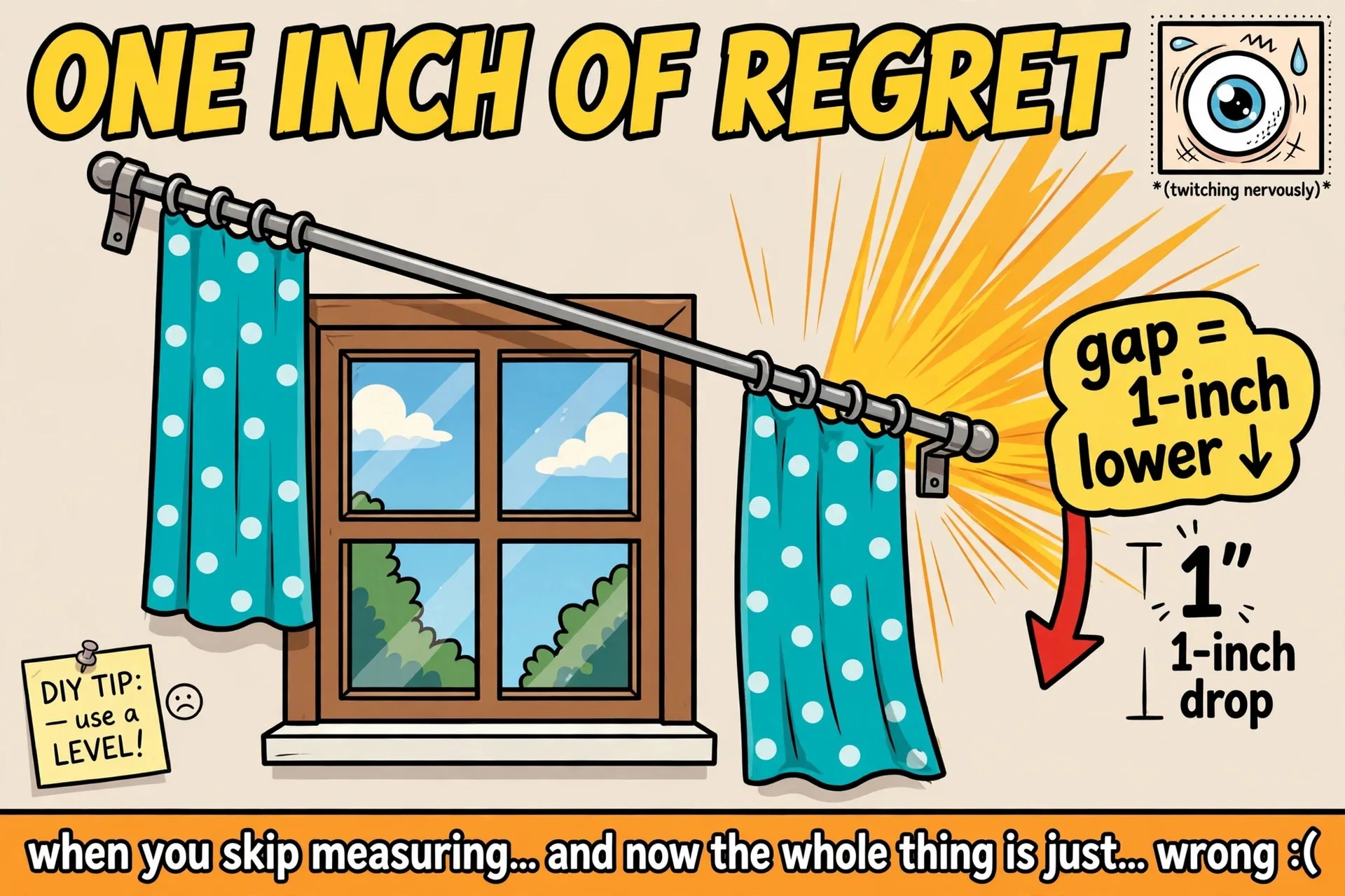 Crooked curtain rod cartoon meme with text ONE INCH OF REGRET
