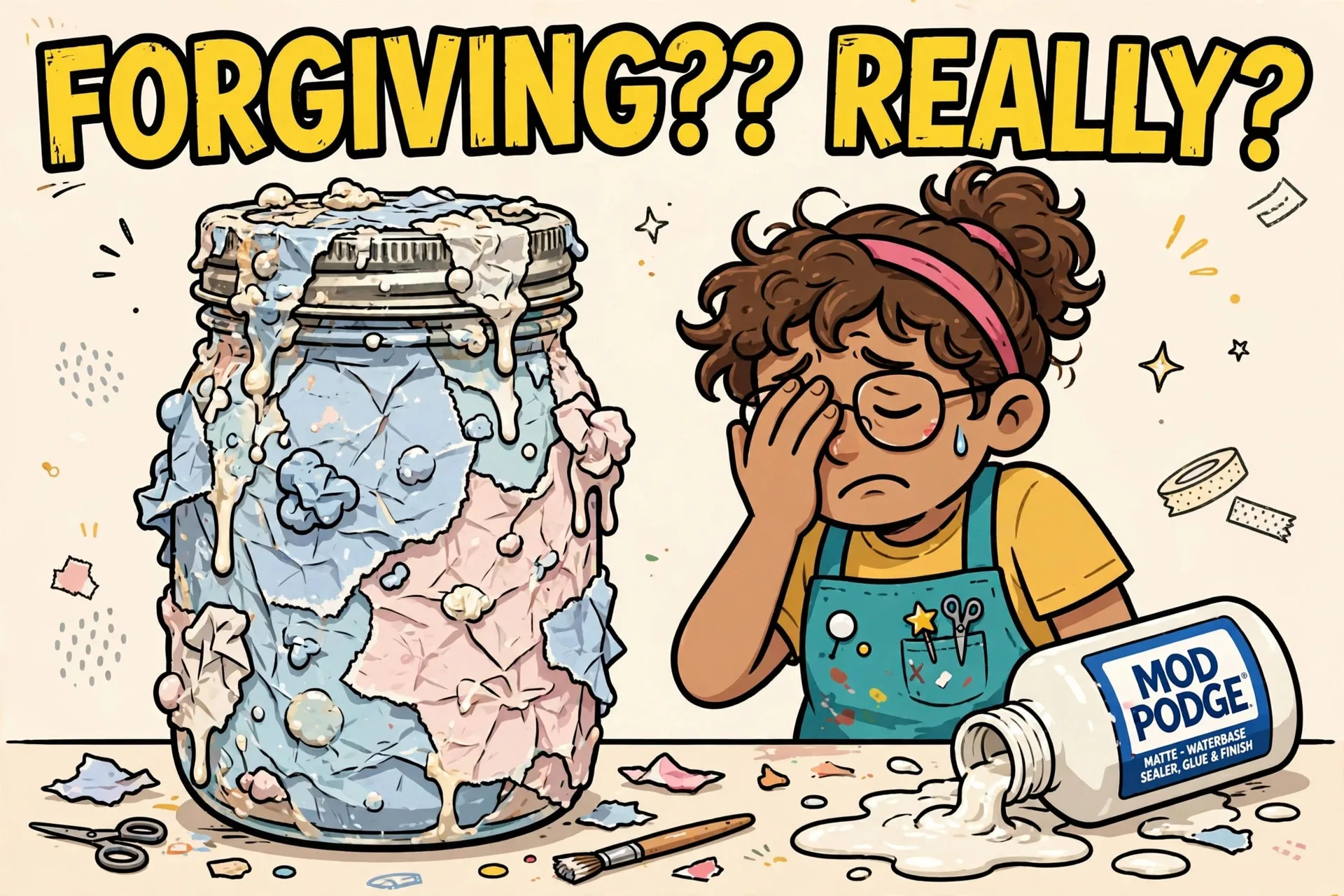 Wrinkled decoupage jar facepalm cartoon meme with text FORGIVING?? REALLY?