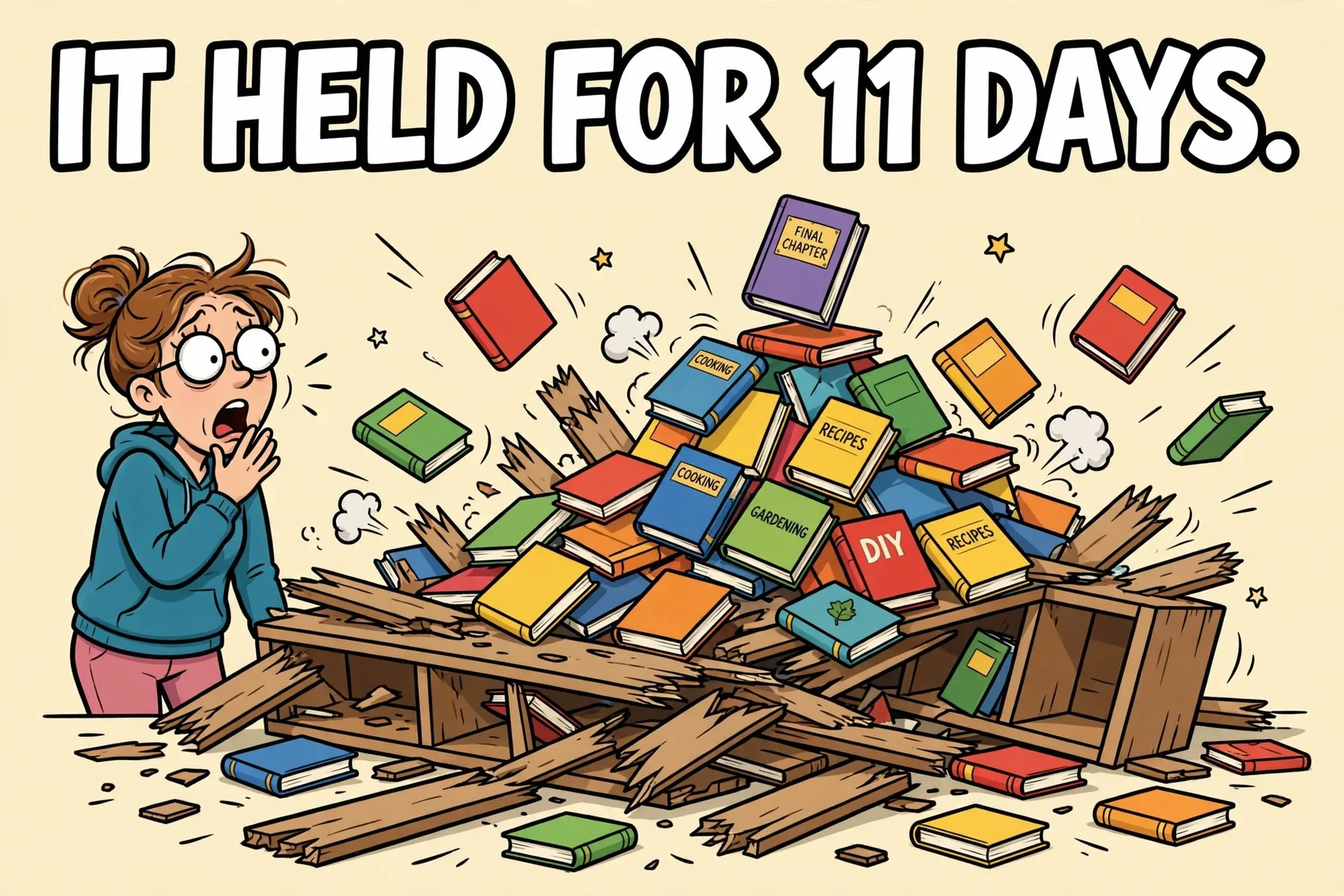 Collapsed bookshelf with tumbling books cartoon meme with text IT HELD FOR 11 DAYS