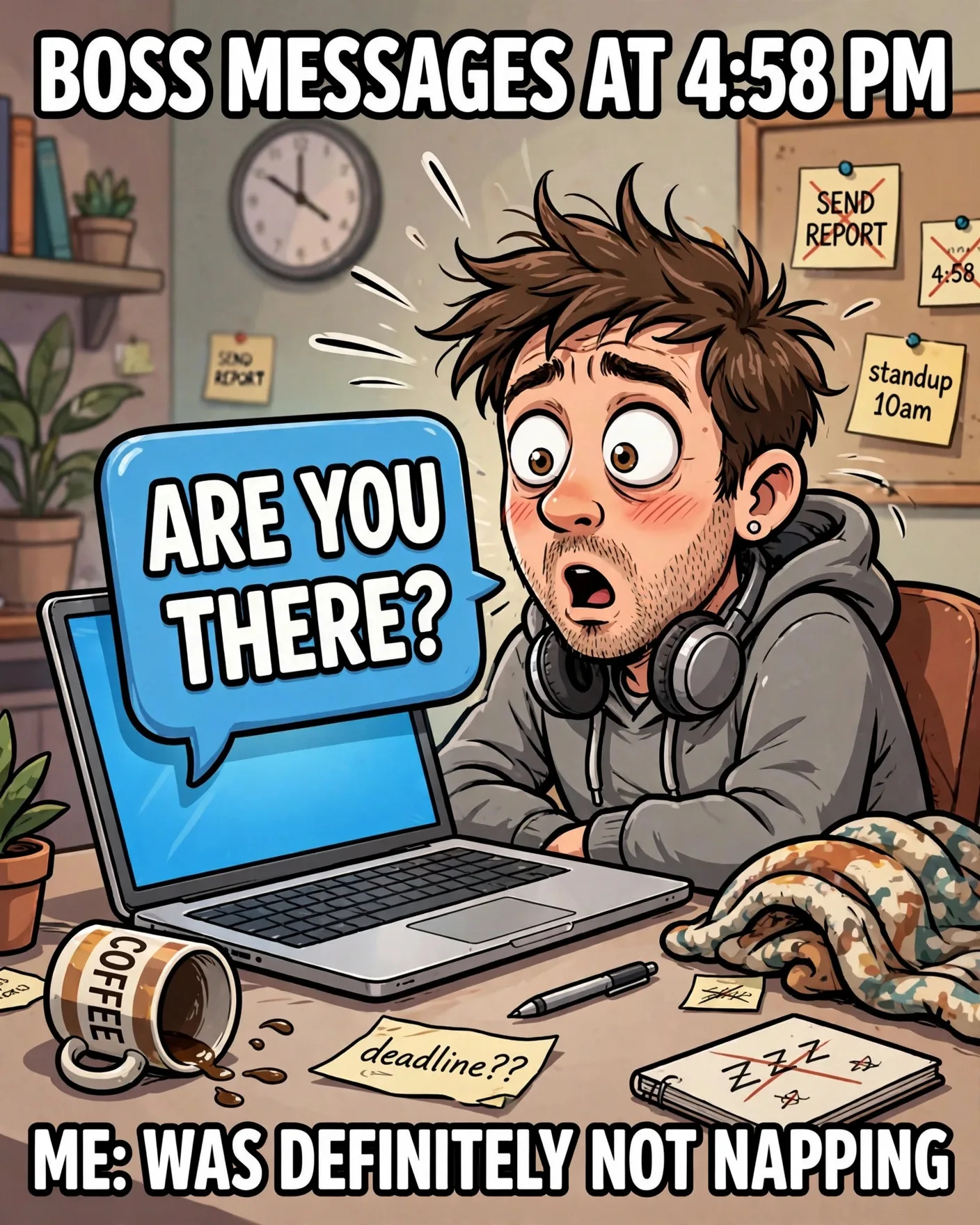 Funny work from home meme about waking up to a boss Slack message