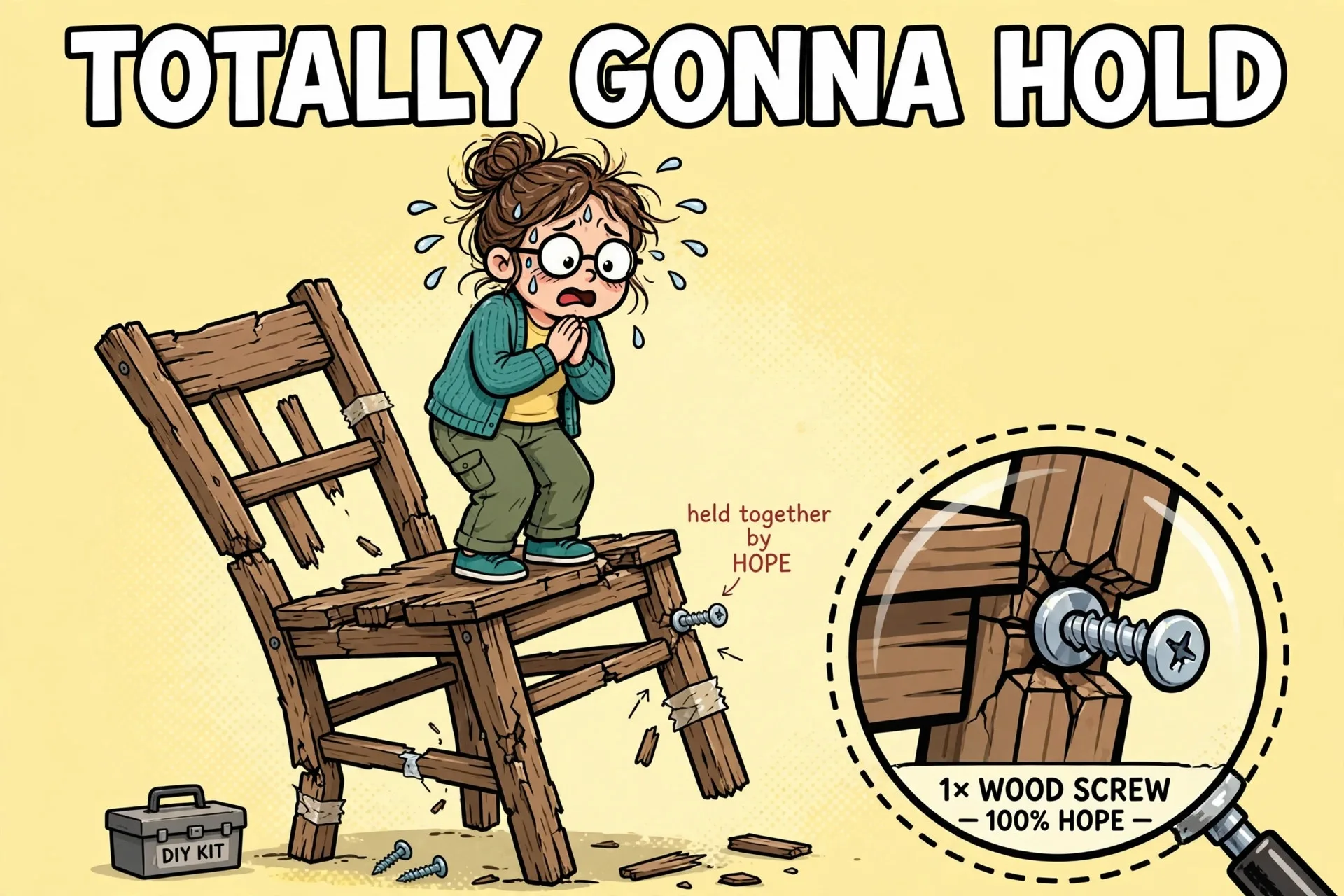 Rickety chair held by one screw cartoon meme with text TOTALLY GONNA HOLD
