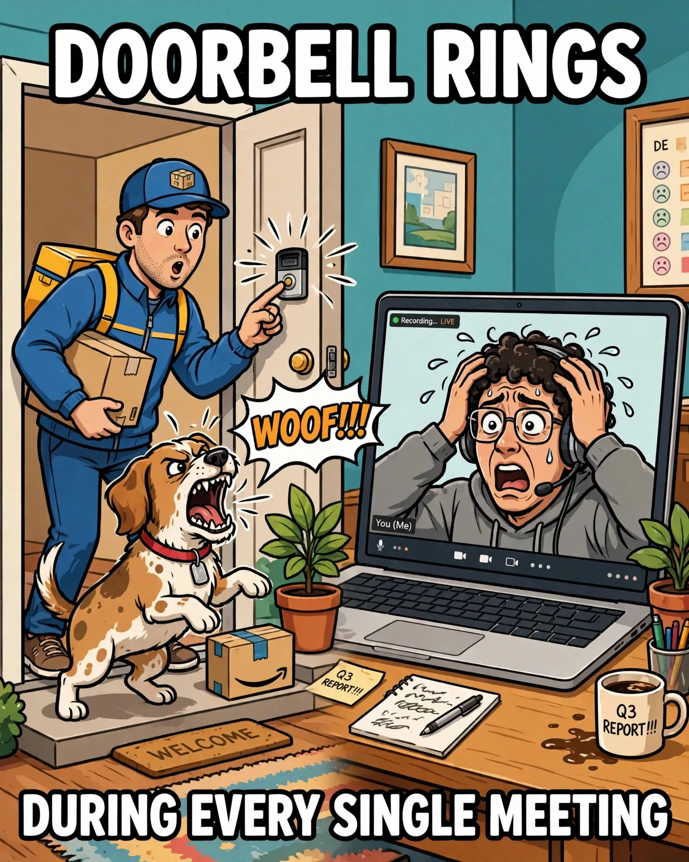 Funny work from home meme about the doorbell ringing during meetings