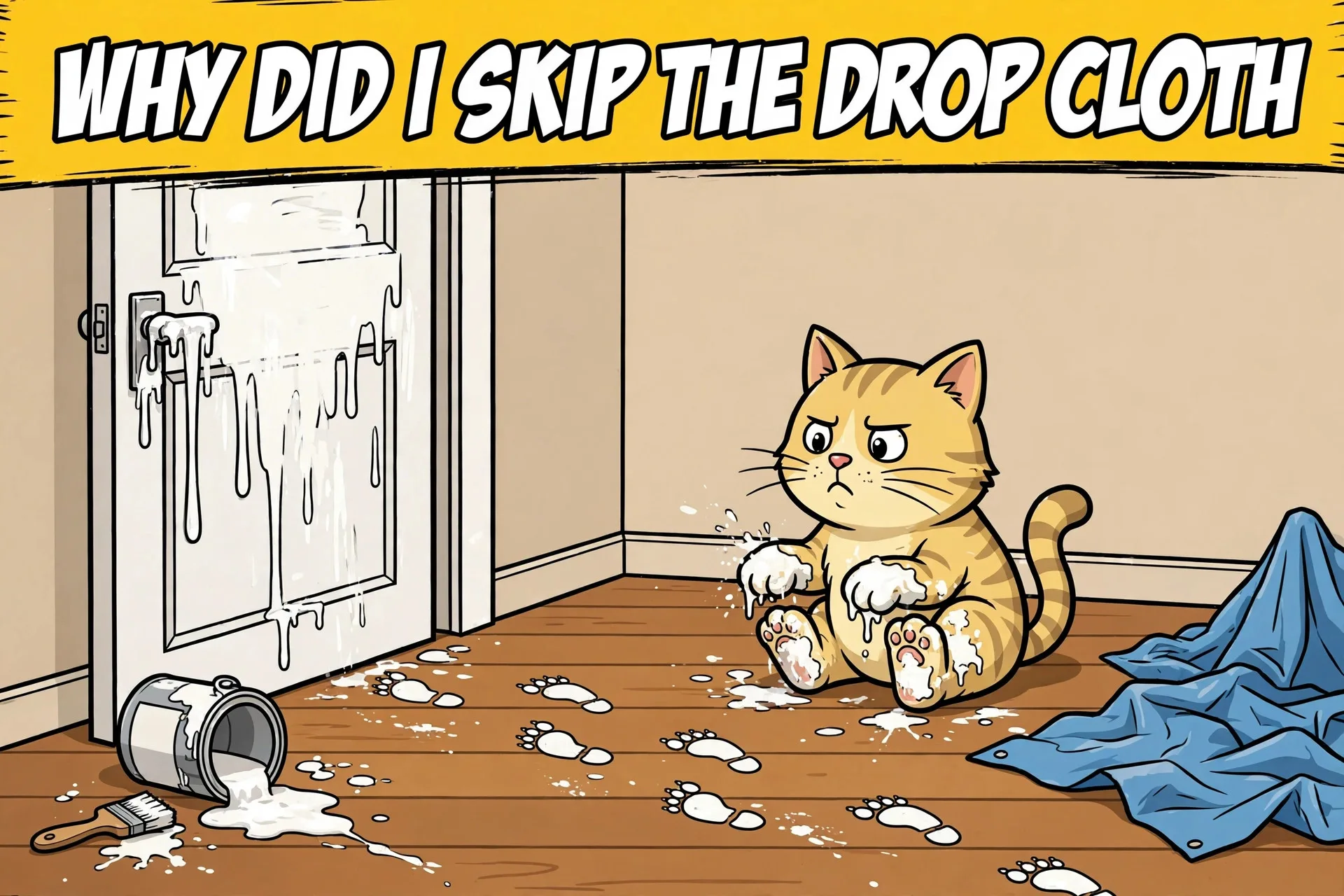 Paint drip trail across floor and cat cartoon meme with text WHY DID I SKIP THE DROP CLOTH