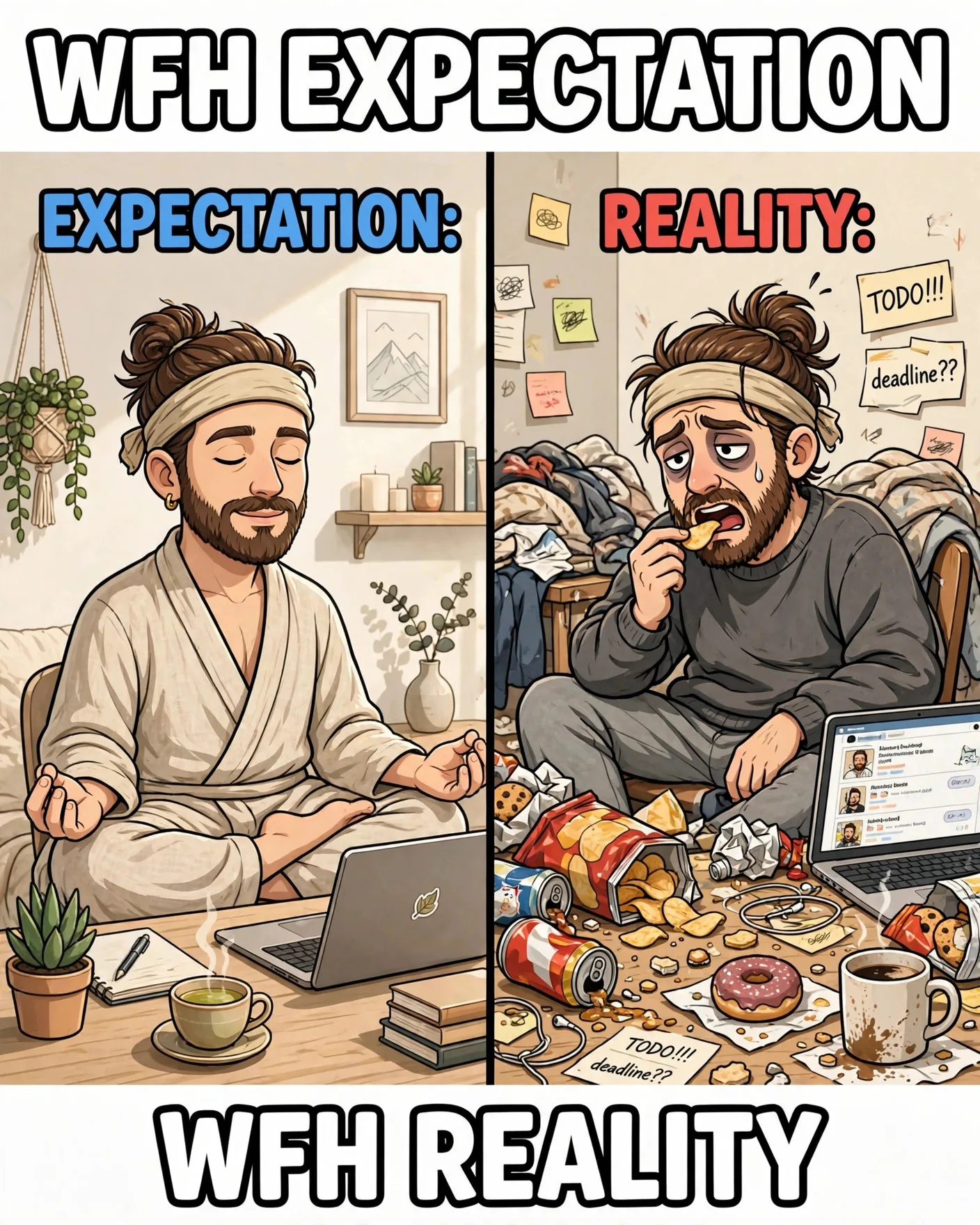 Funny work from home meme comparing WFH expectations vs reality
