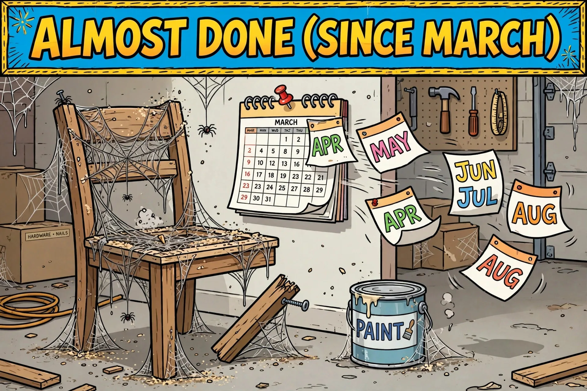 Dusty half-finished chair in garage cartoon meme with text ALMOST DONE (SINCE MARCH)