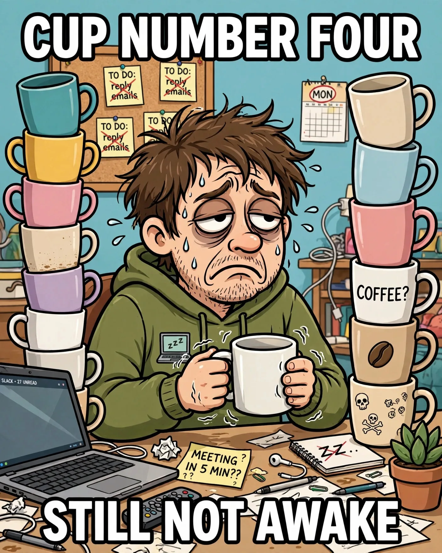 Funny work from home meme about drinking too much coffee