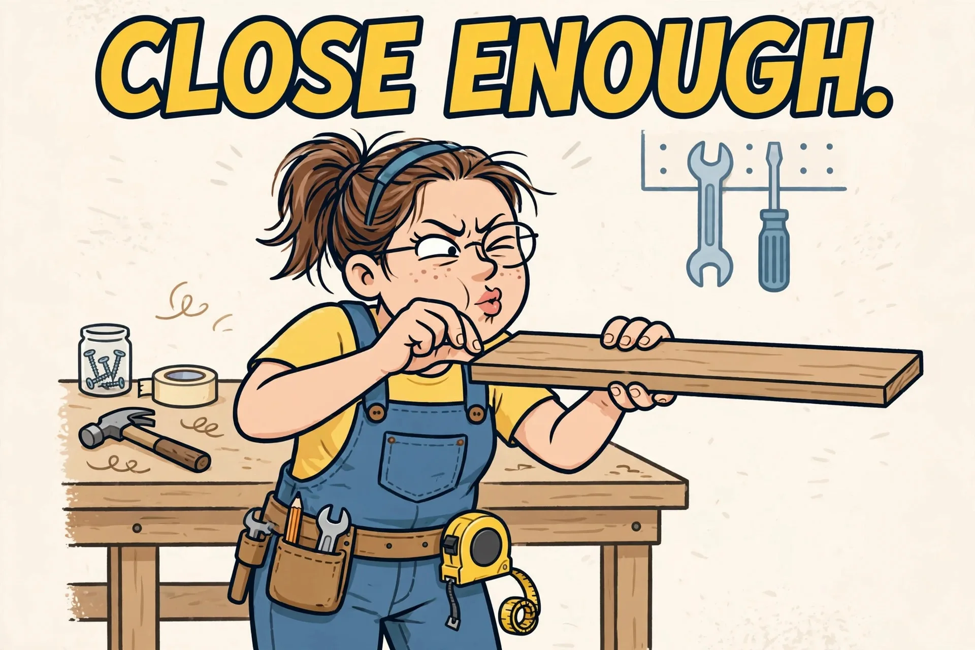 Eyeballing wood measurement cartoon meme with text CLOSE ENOUGH.