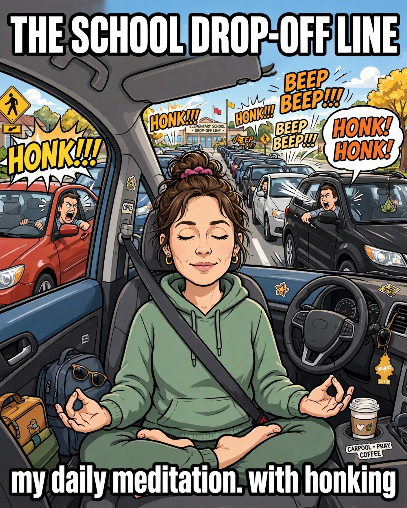 School drop-off line mom meme