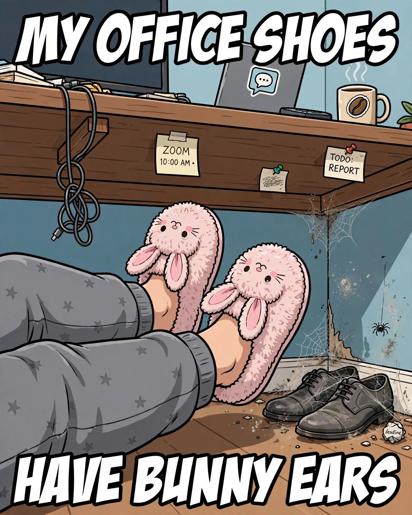 Funny work from home meme about wearing bunny slippers to work