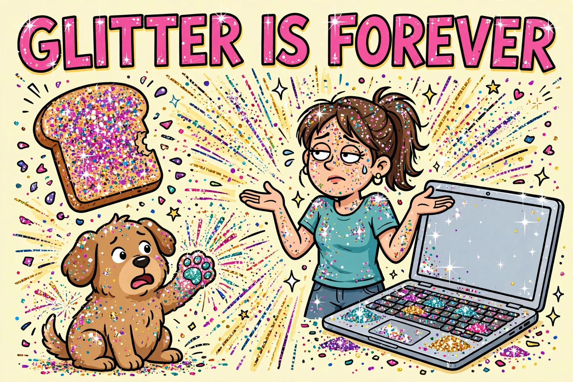 Glitter explosion everywhere cartoon meme with text GLITTER IS FOREVER