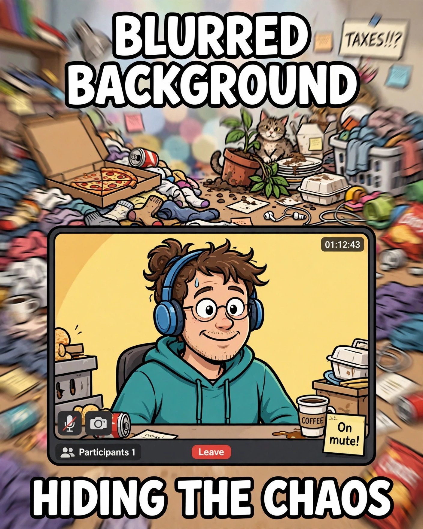 Funny work from home meme about using a blurred background to hide mess