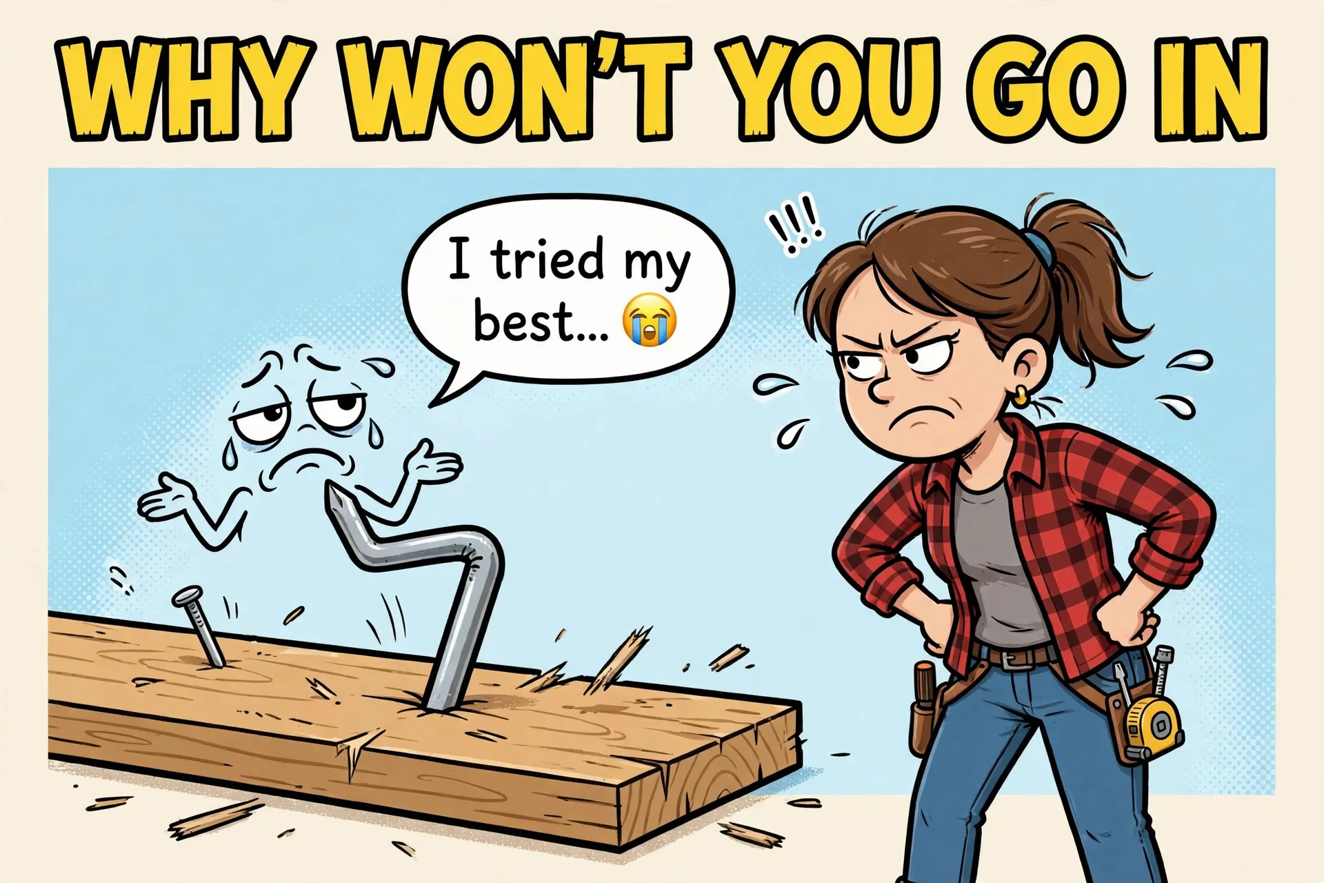 Bent nail cartoon meme with text WHY WON'T YOU GO IN
