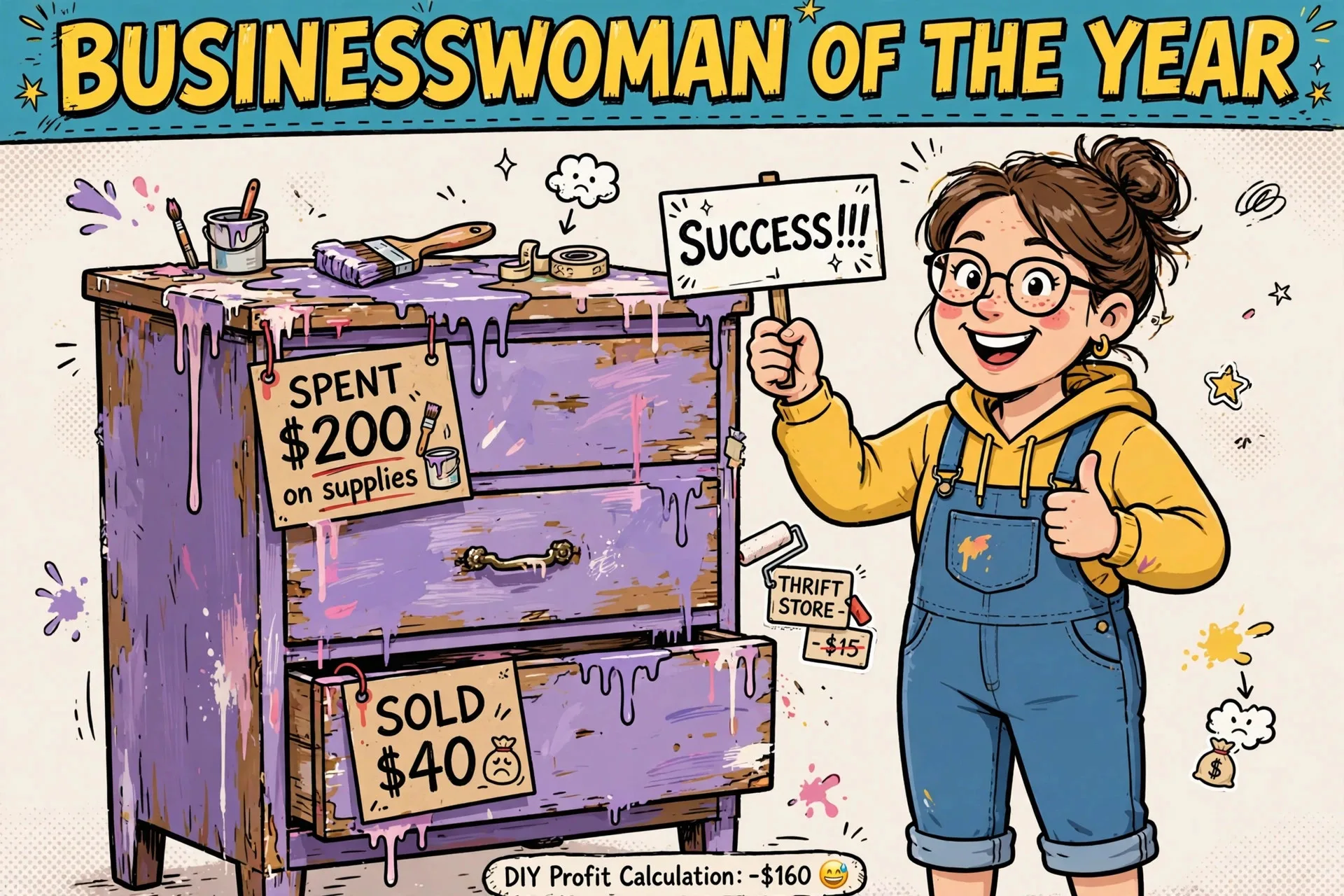 Badly painted thrift dresser cartoon meme with text BUSINESSWOMAN OF THE YEAR