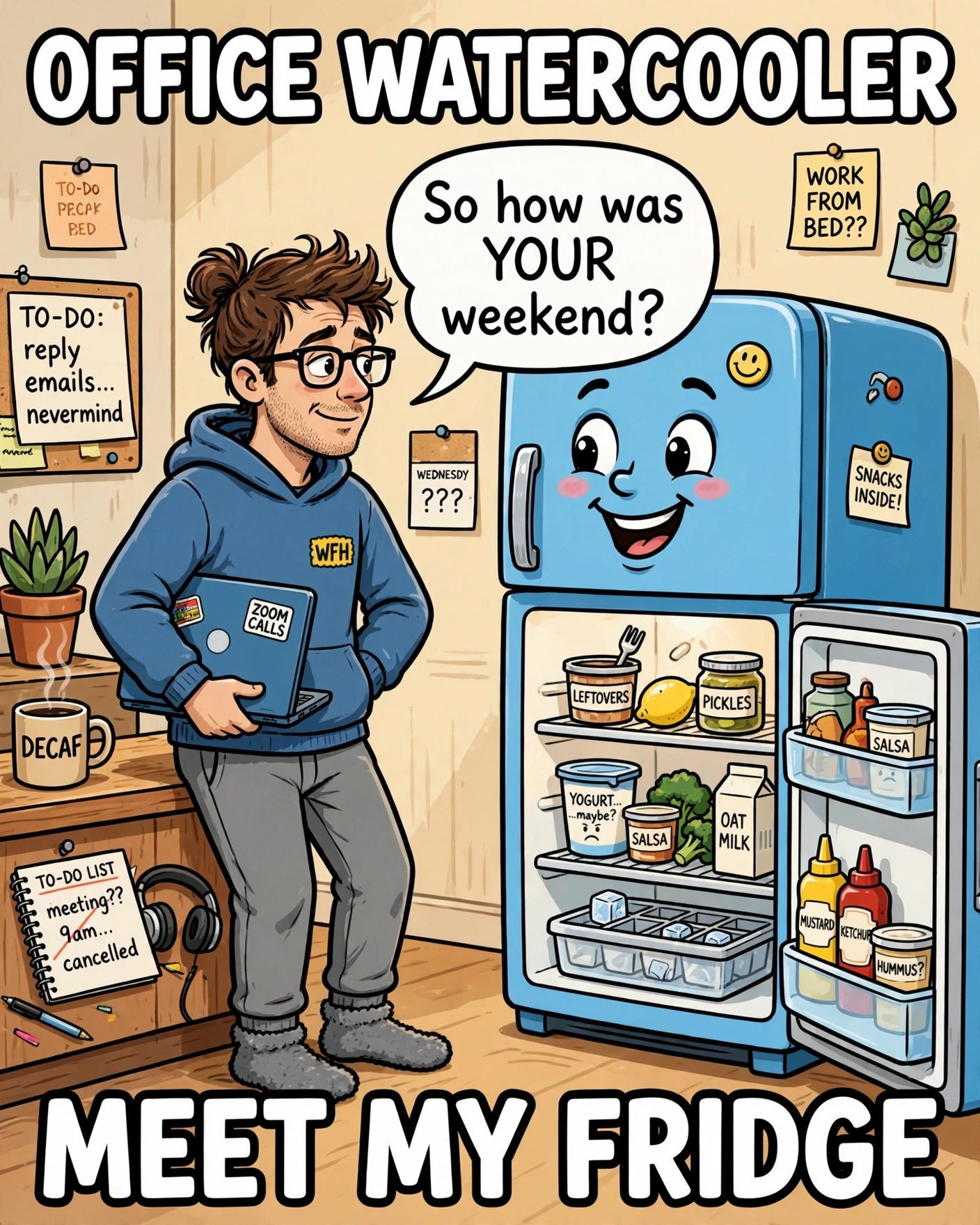 Funny work from home meme about chatting with the fridge instead of coworkers