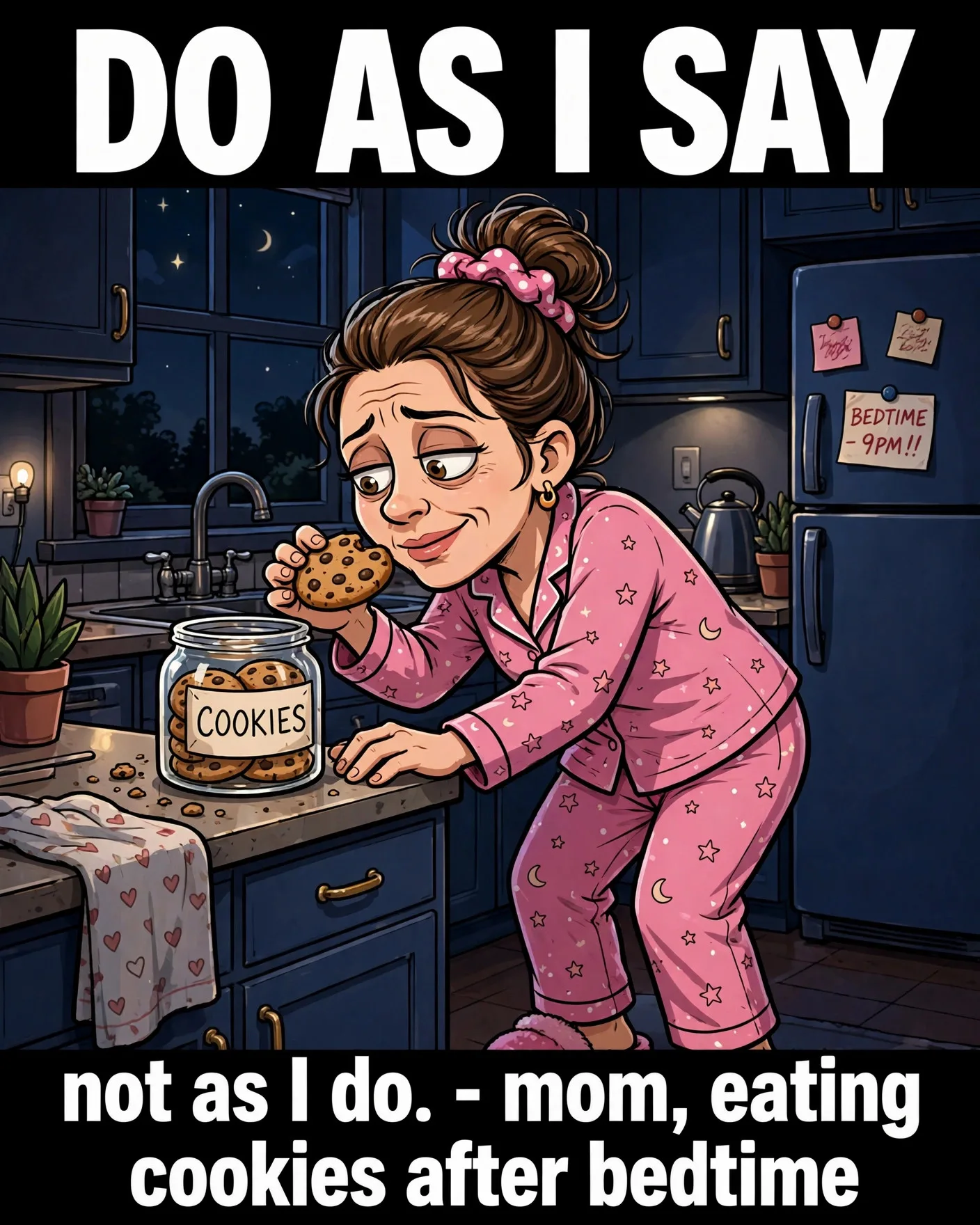 Mom eating cookies after bedtime meme