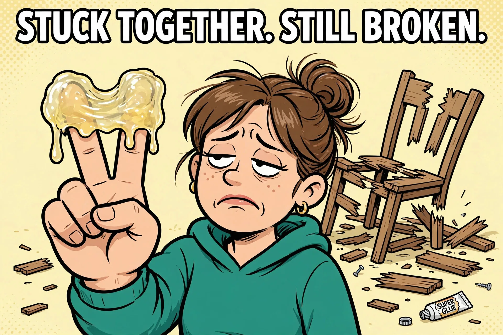 Fingers stuck together with super glue cartoon meme with text STUCK TOGETHER. STILL BROKEN.