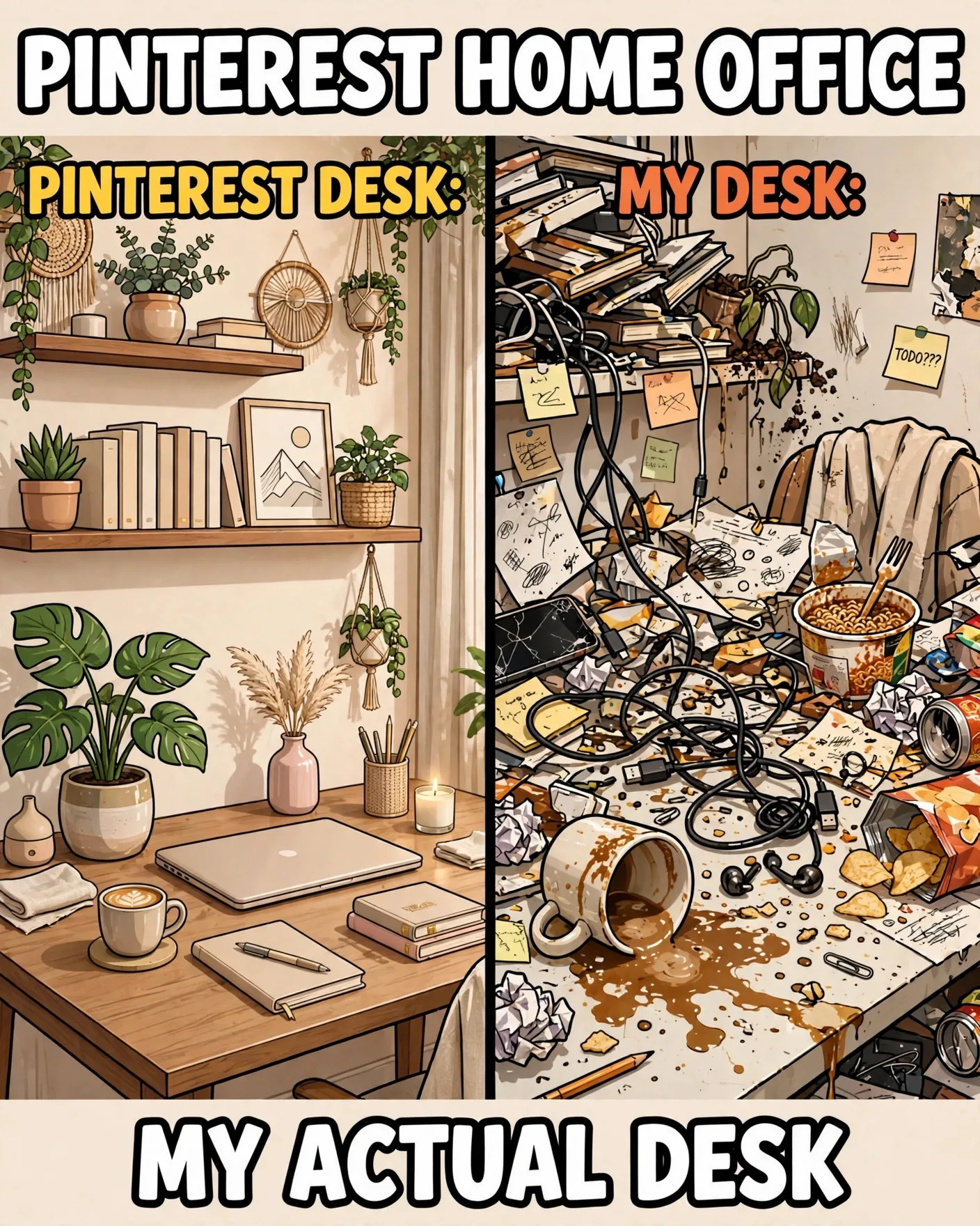 Funny work from home meme about messy desk vs aesthetic home office