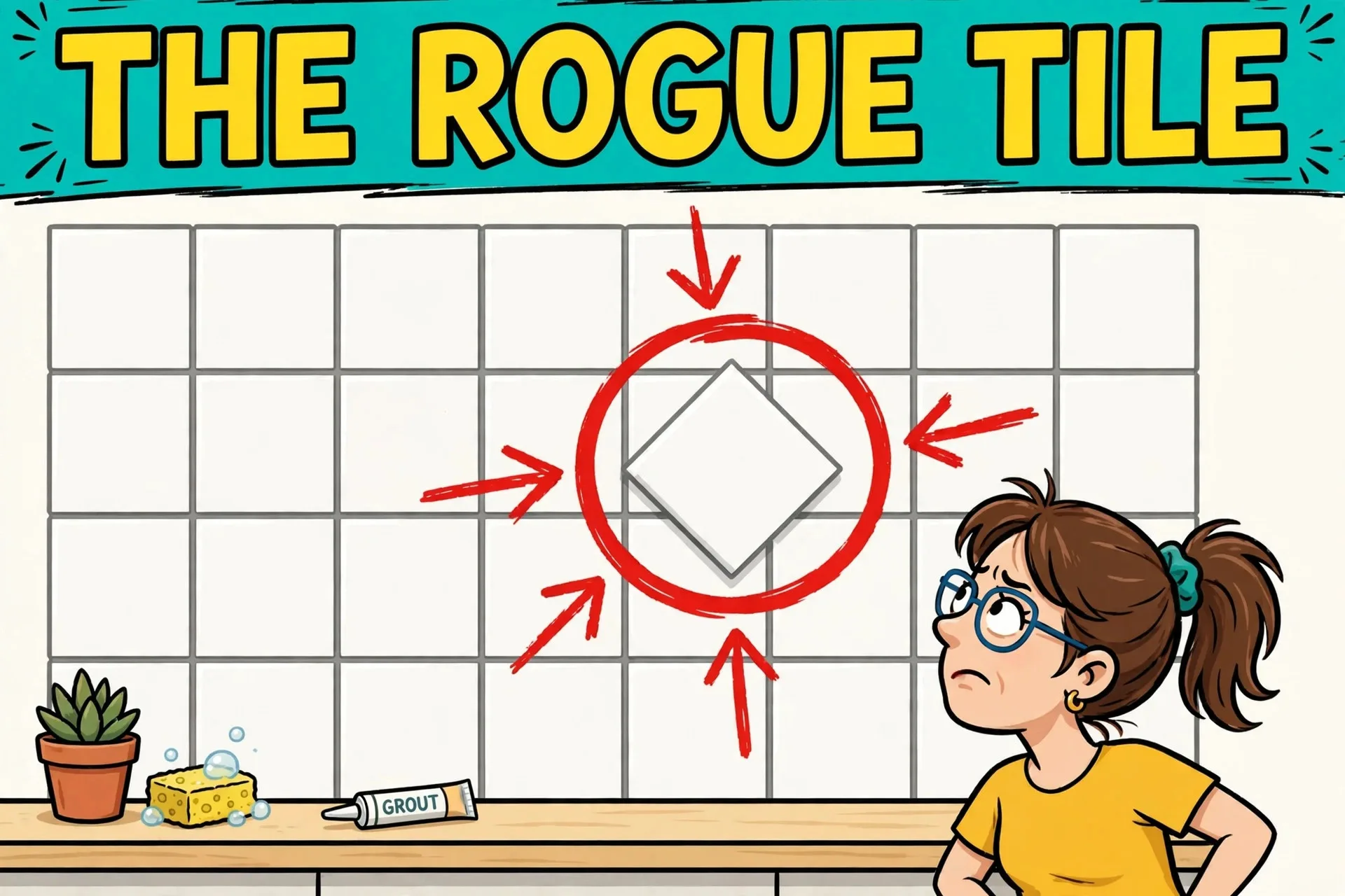 One sideways tile in backsplash cartoon meme with text THE ROGUE TILE