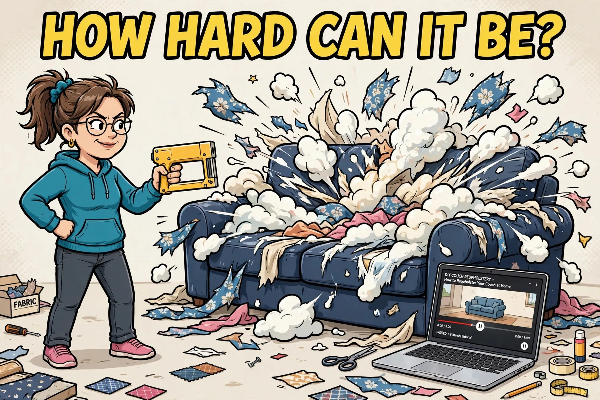 Confident woman facing giant couch with staple gun cartoon meme with text HOW HARD CAN IT BE?