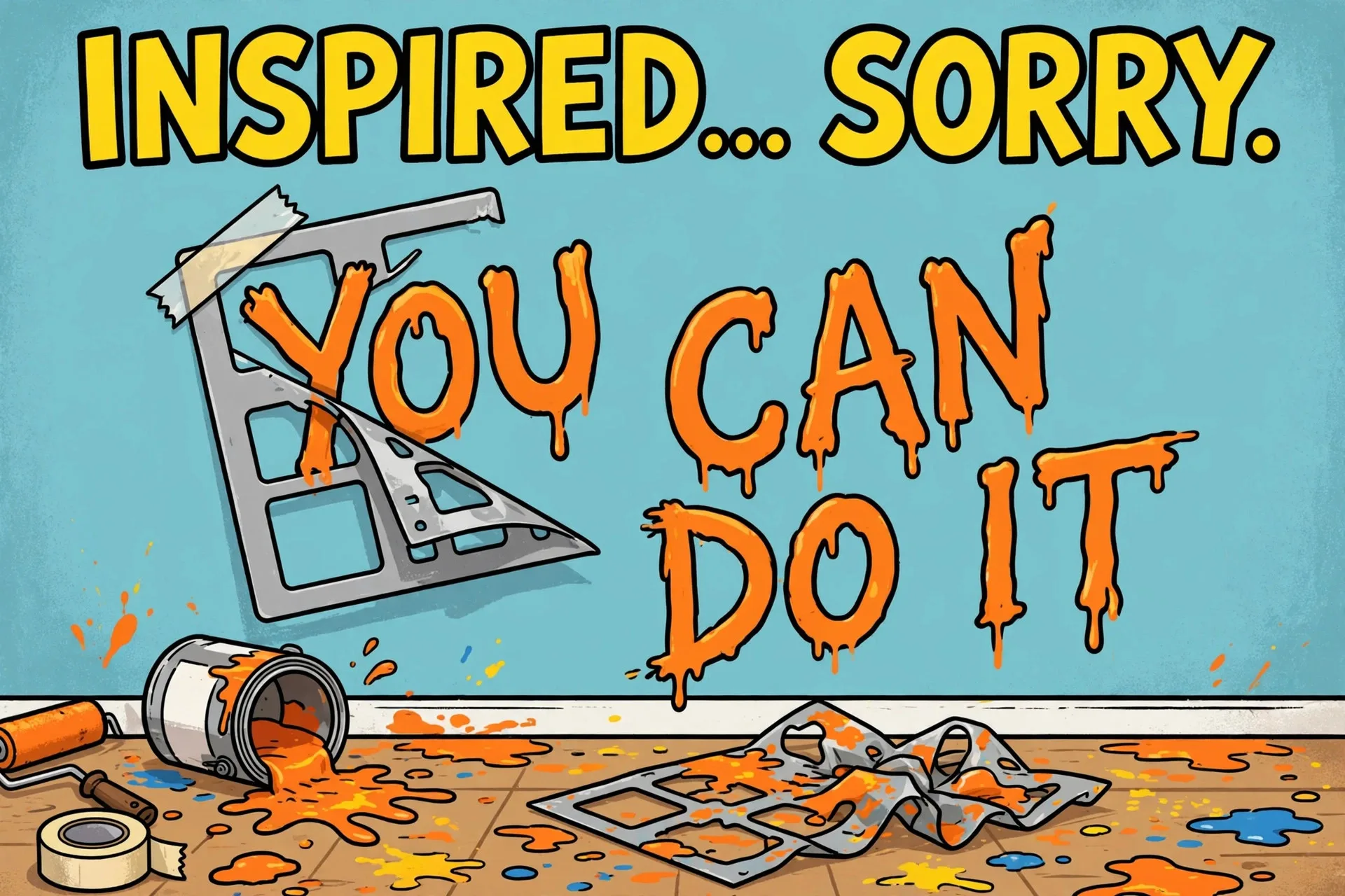 Slipped wall stencil with wobbly letters cartoon meme with text INSPIRED... SORRY.