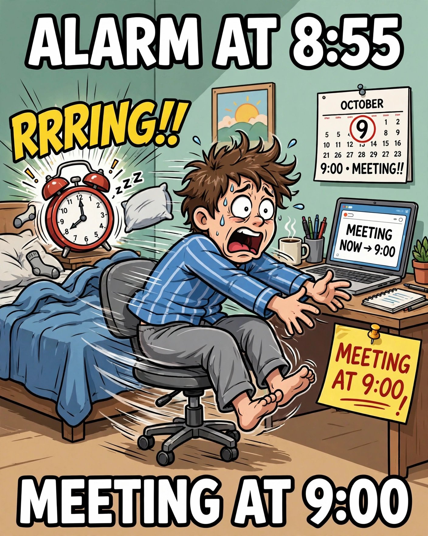 Funny work from home meme about waking up minutes before a meeting
