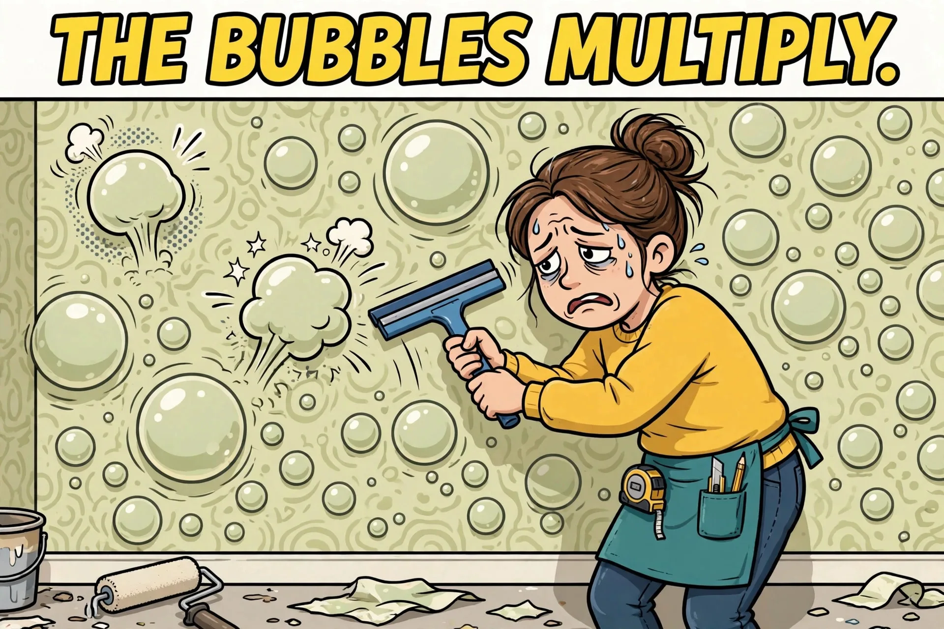 Bubbly wallpaper with despairing woman cartoon meme with text THE BUBBLES MULTIPLY.
