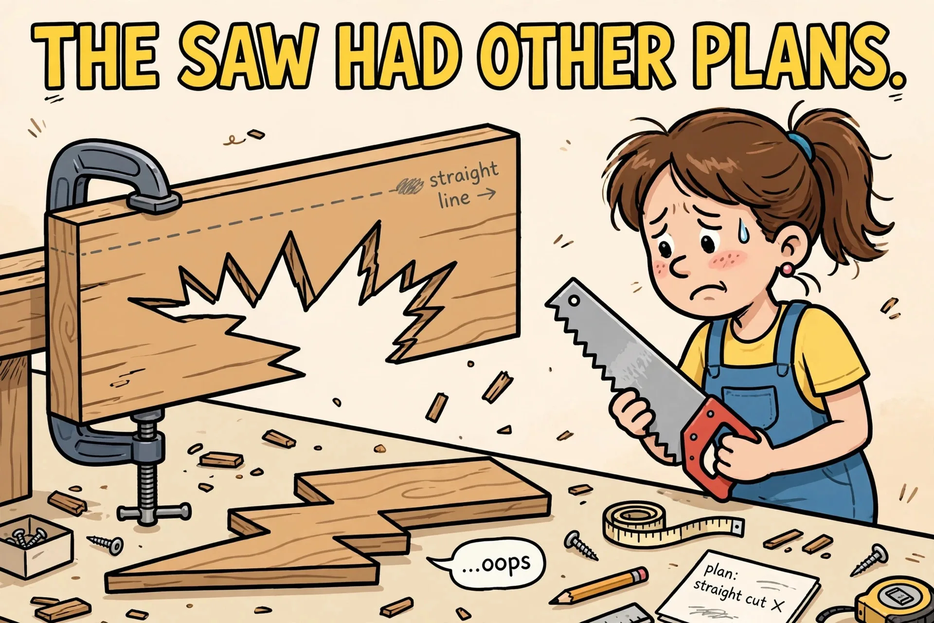 Wildly crooked saw cut cartoon meme with text THE SAW HAD OTHER PLANS.