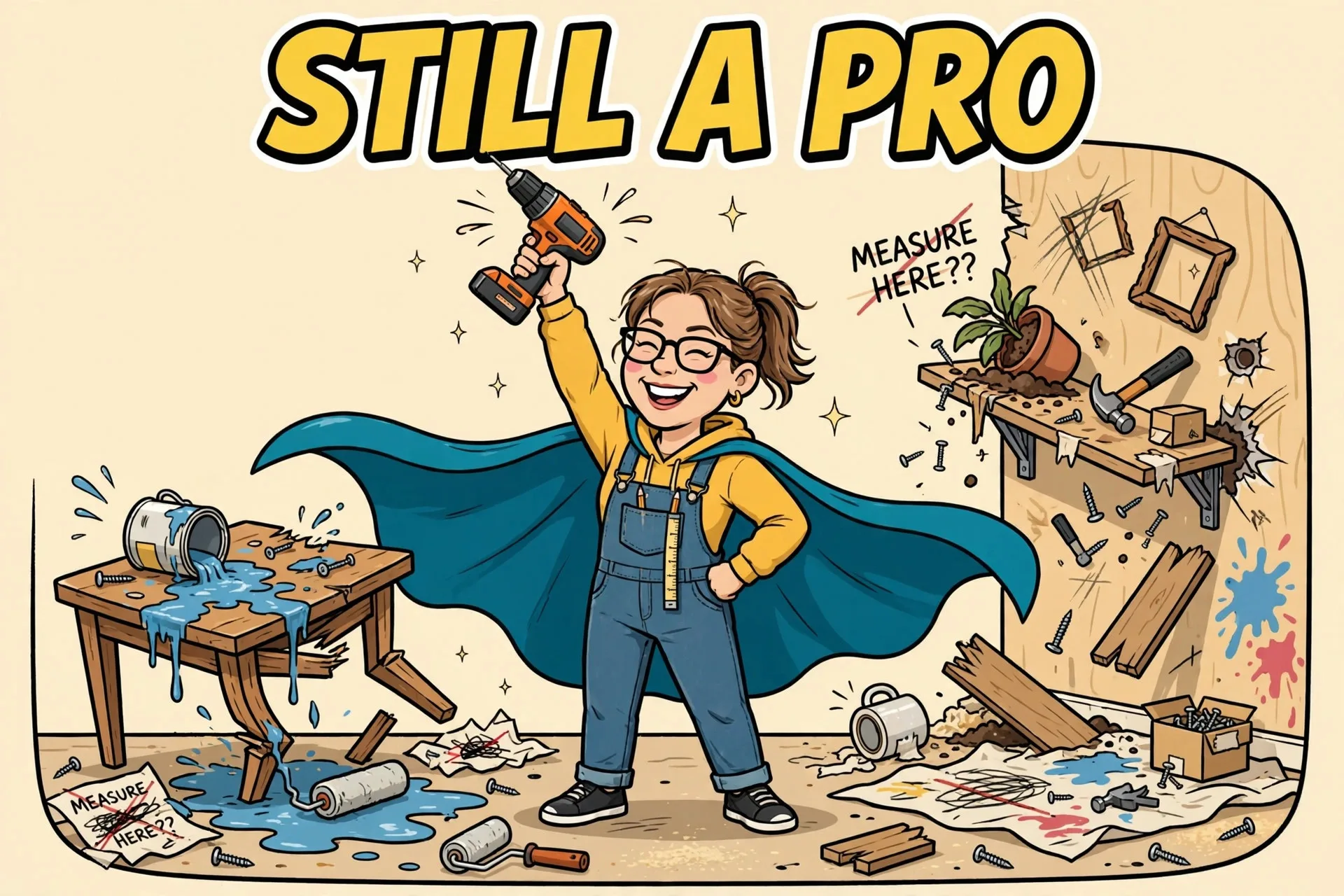 Triumphant crafter with drill and cape cartoon meme with text STILL A PRO