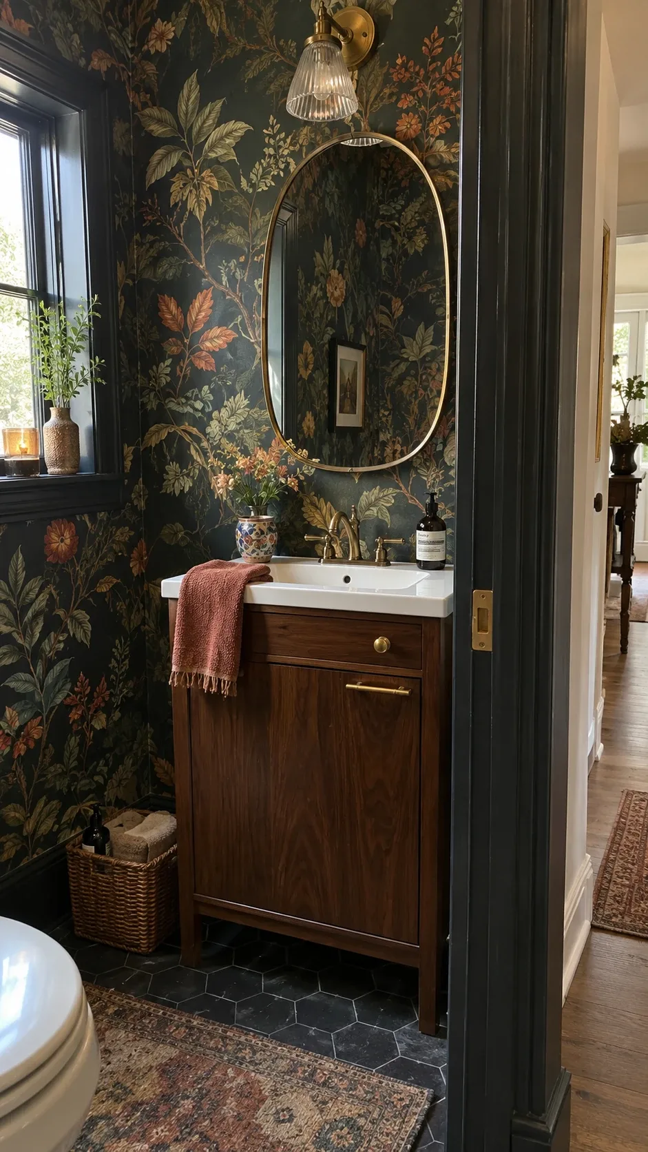 Dark botanical wallpaper above dark wainscoting with a walnut vanity in a moody powder room