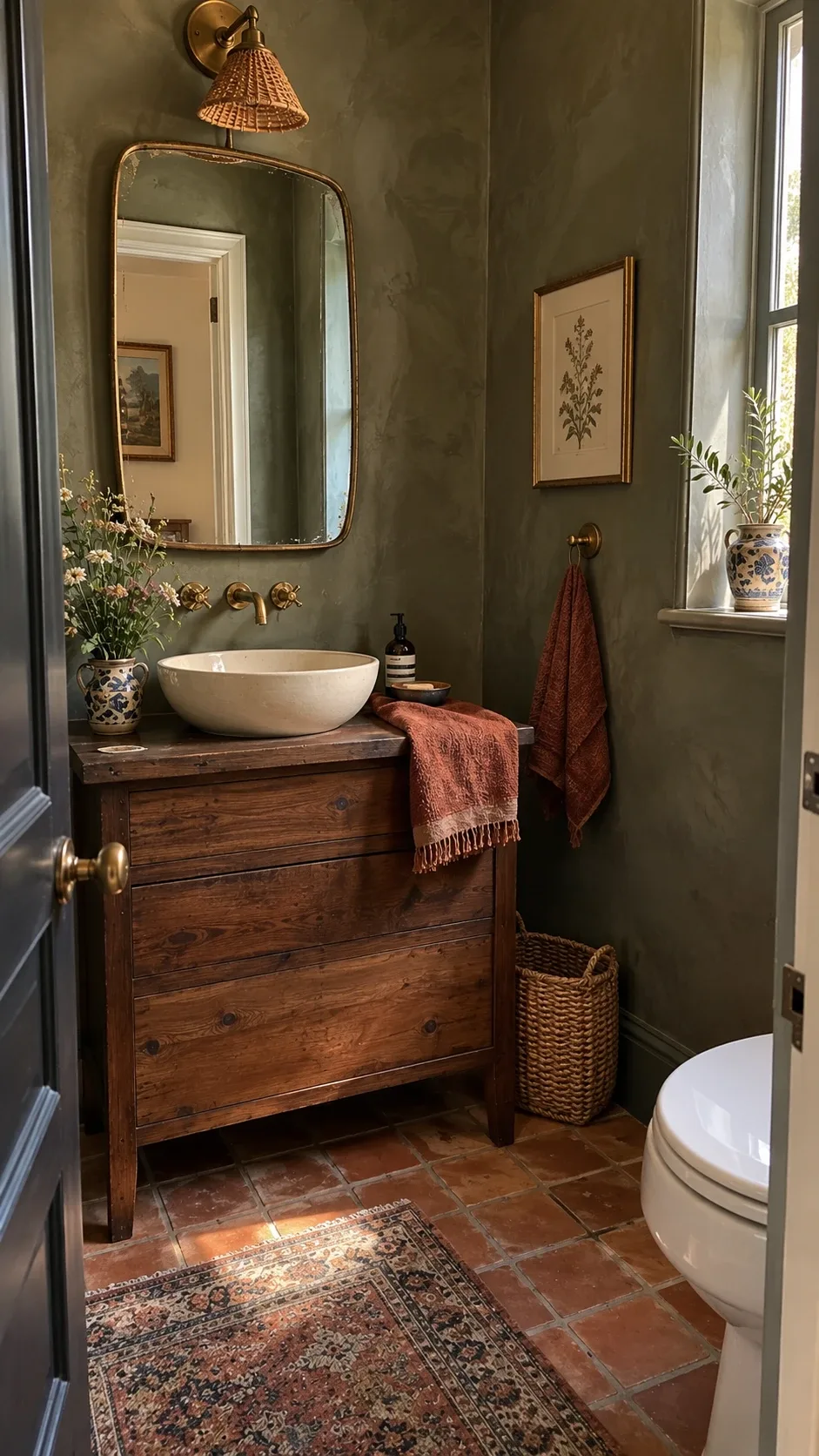 Hand-applied plaster walls in smoky olive-gray with a vessel sink in a moody bathroom