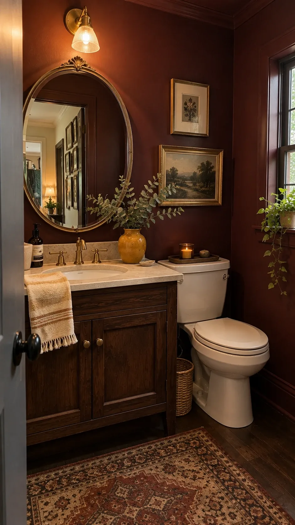Muted burgundy bathroom walls with an antique brass mirror and vintage fixtures