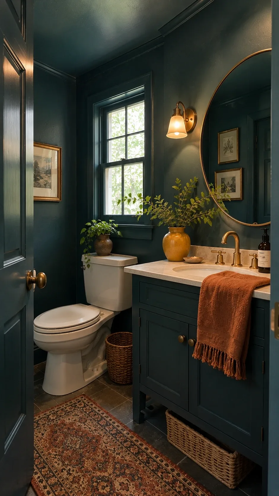 Color-drenched deep-green bathroom with matching walls, trim, and ceiling