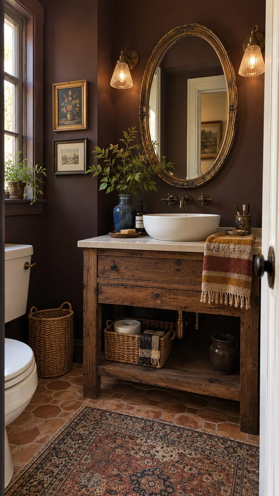 Reclaimed wood vanity with a vintage mirror in a moody half bathroom