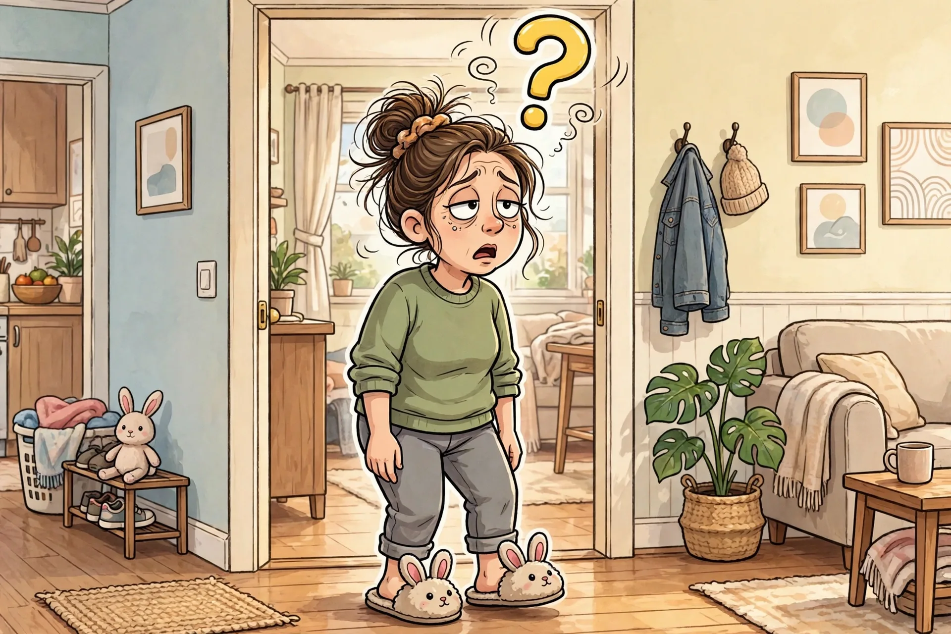 Confused mom walking into a room and forgetting why she came in