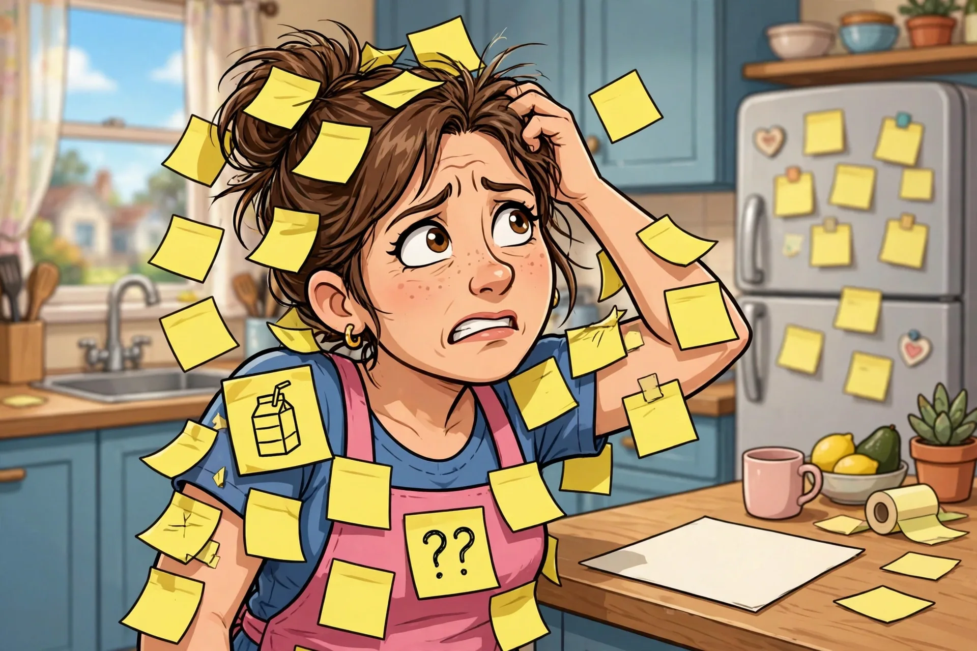 Mom covered in sticky notes trying to remember a word