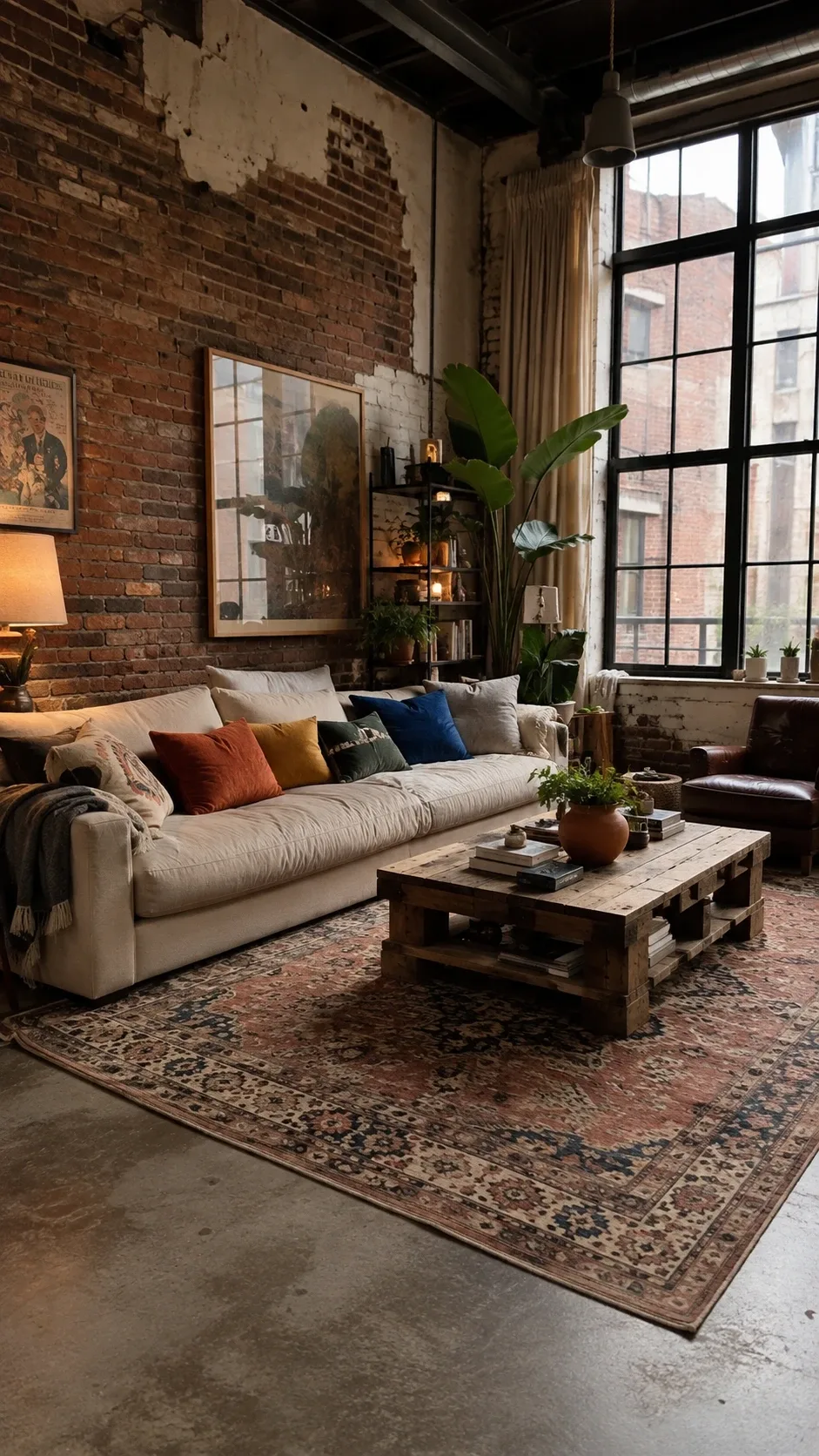 Loft living room with exposed brick wall, large industrial windows, cream sofa and patterned rug