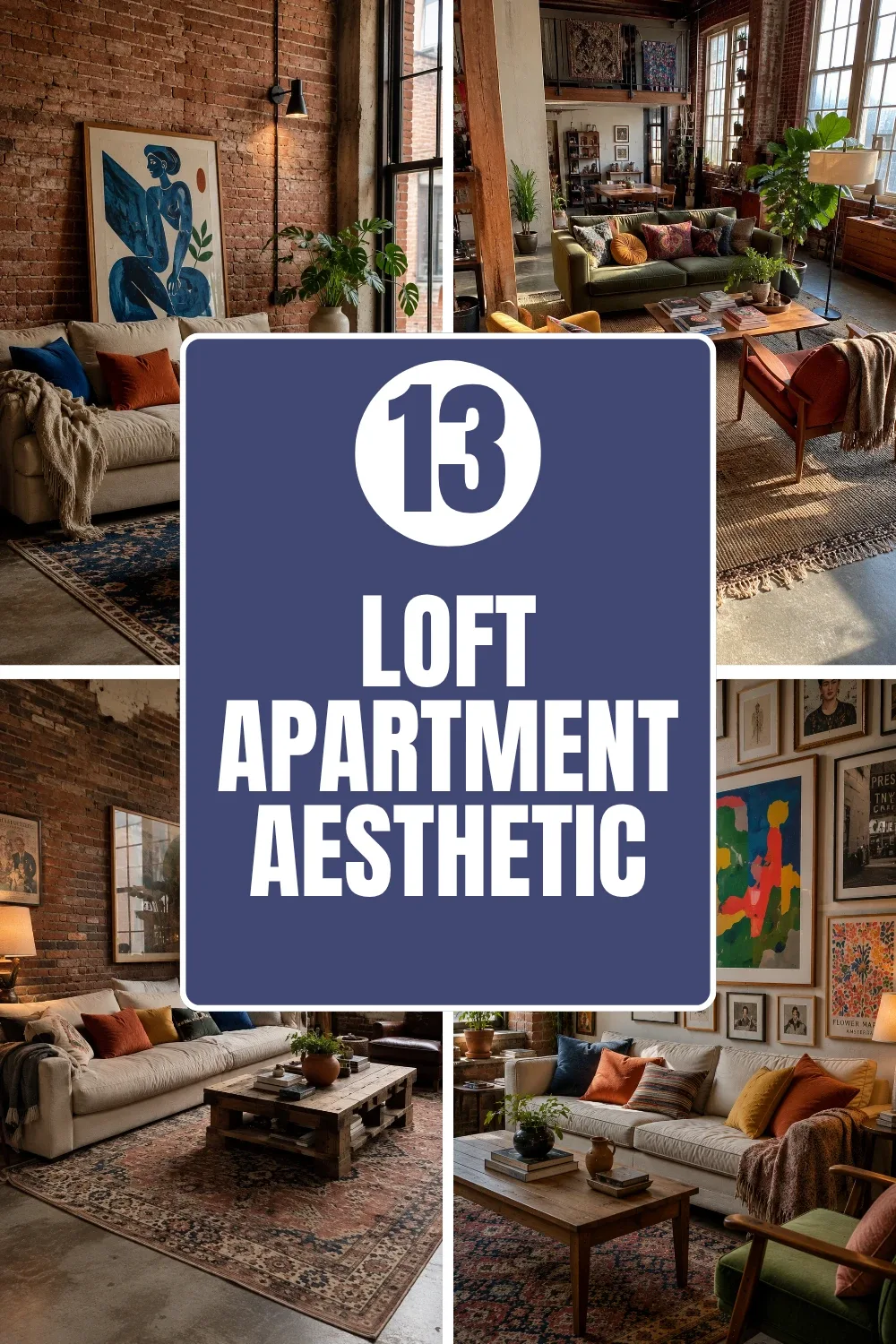 Collection of loft apartment living rooms with statement sofas, gallery walls and brick details