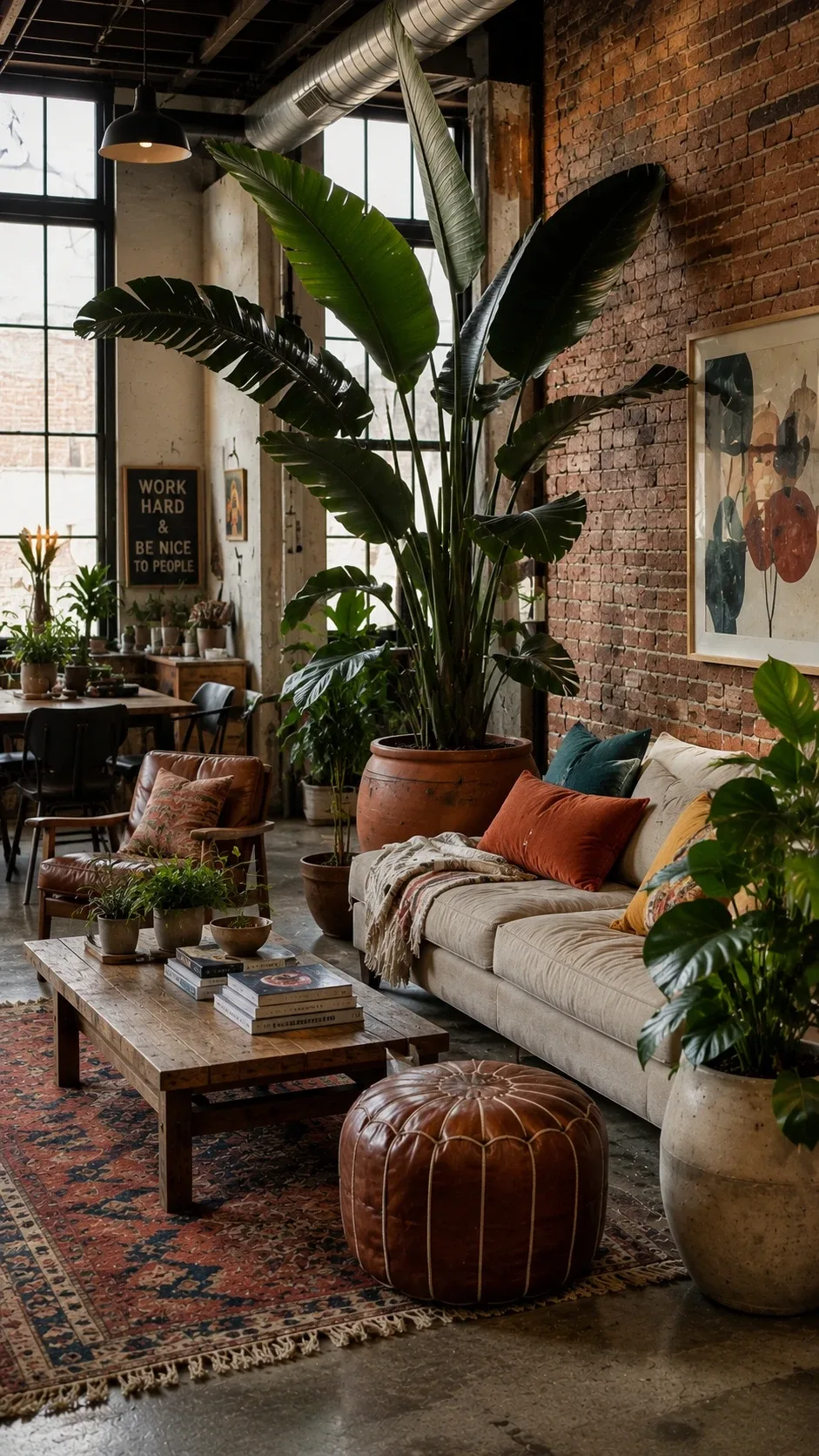 Loft living room with tall bird of paradise plant, exposed brick and layered textiles