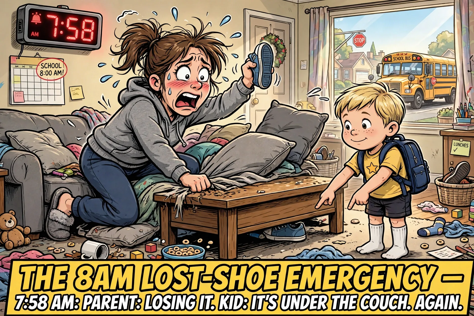 Funny school morning meme: the 8 a.m. lost-shoe emergency at 7:58 a.m.