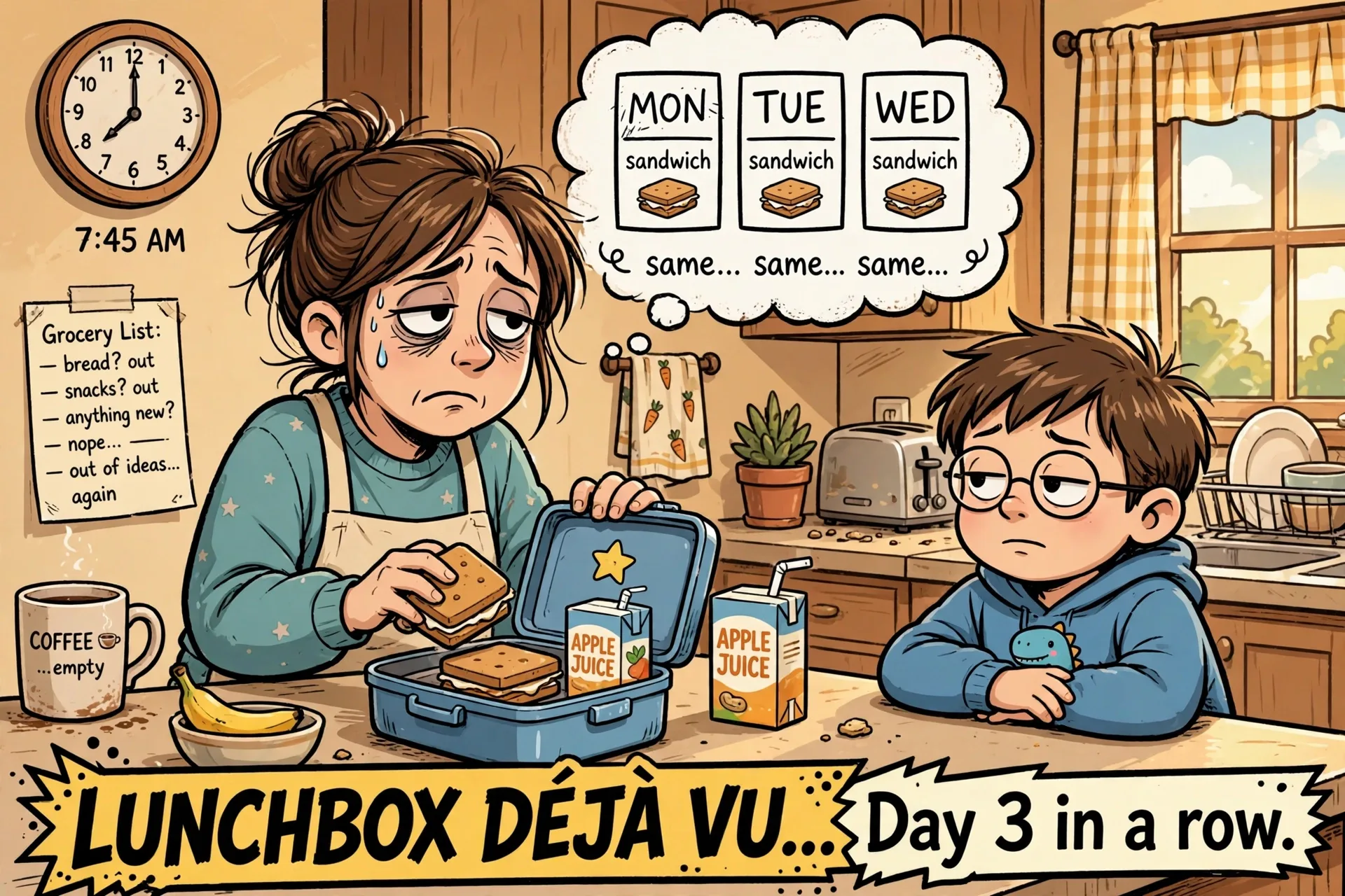 Funny school morning meme: lunchbox deja vu, same sandwich packed for the third day in a row