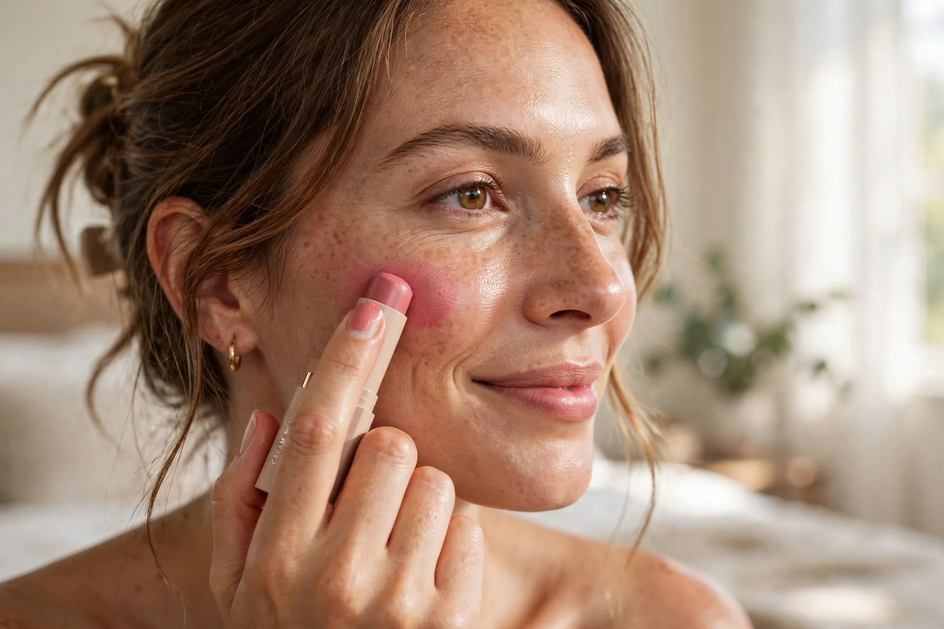 Dabbing cream blush onto cheeks for a natural flush