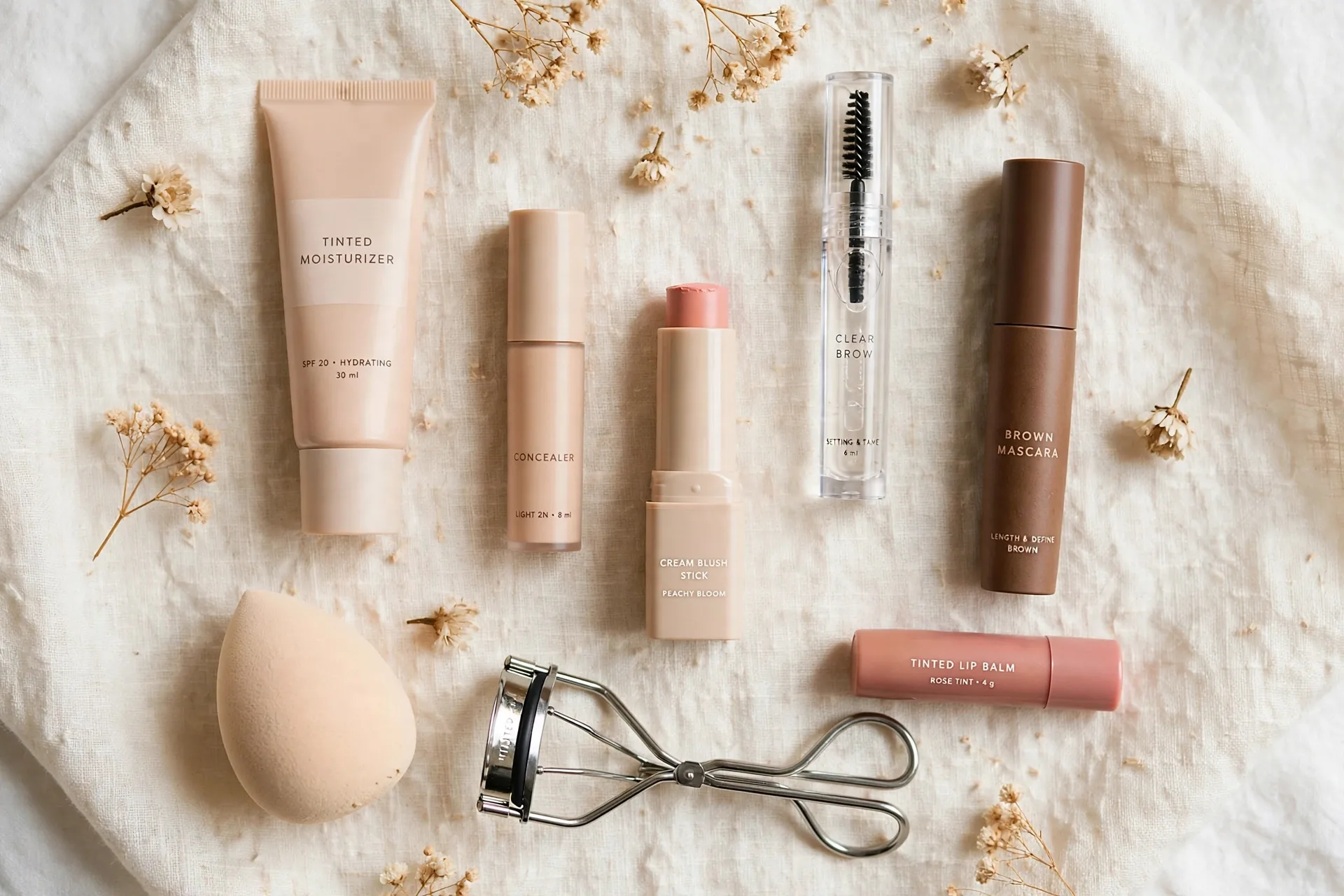 Minimal natural makeup kit: tinted moisturizer, concealer, cream blush, brow gel, mascara, tinted lip balm