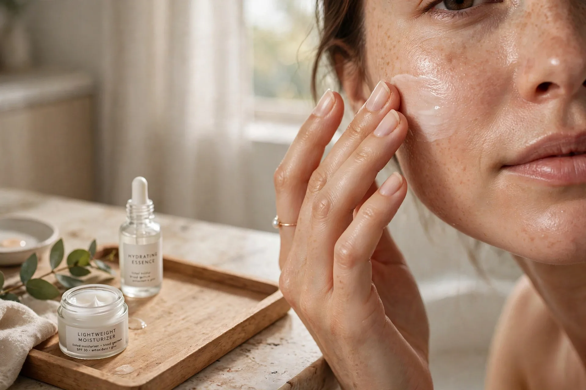 Applying moisturizer and tinted SPF as skin prep for a natural makeup look