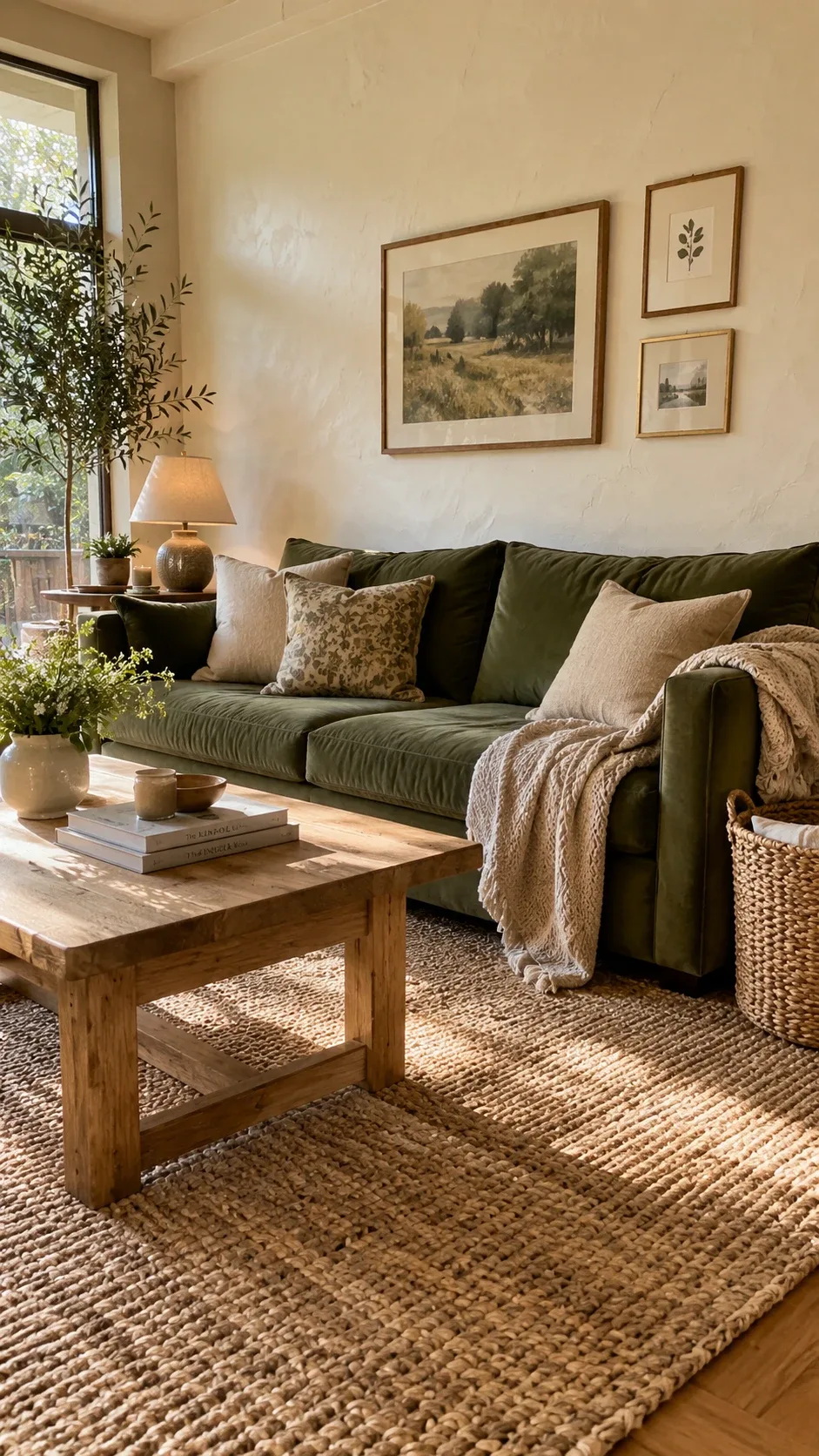 Olive green velvet couch styled with cream cushions and a warm wood coffee table