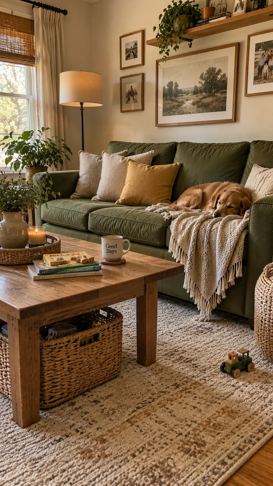 Olive green couch in a cozy beige family living room with warm wood accents