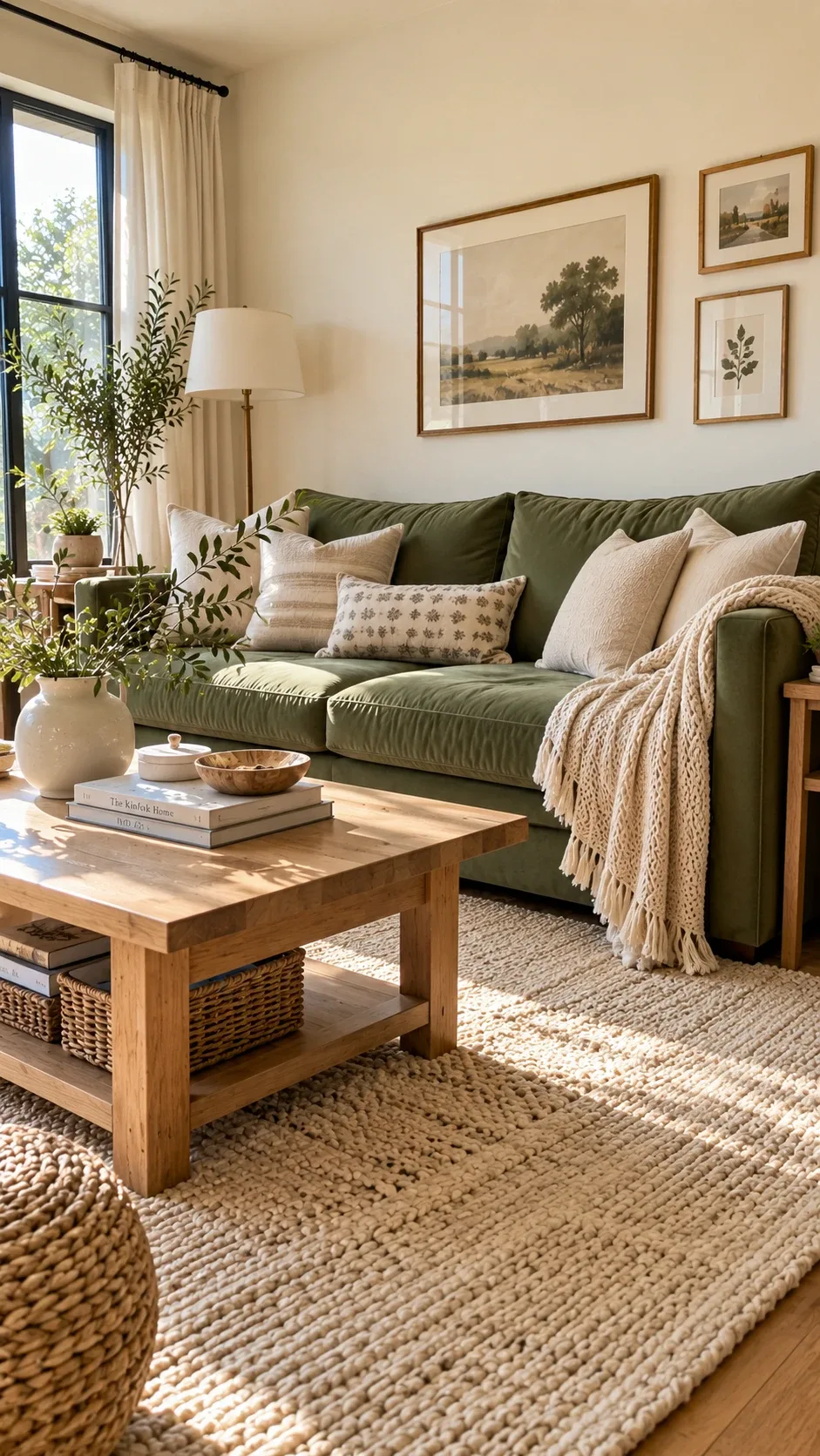 Olive green couch with gallery wall of botanical prints and natural wood coffee table