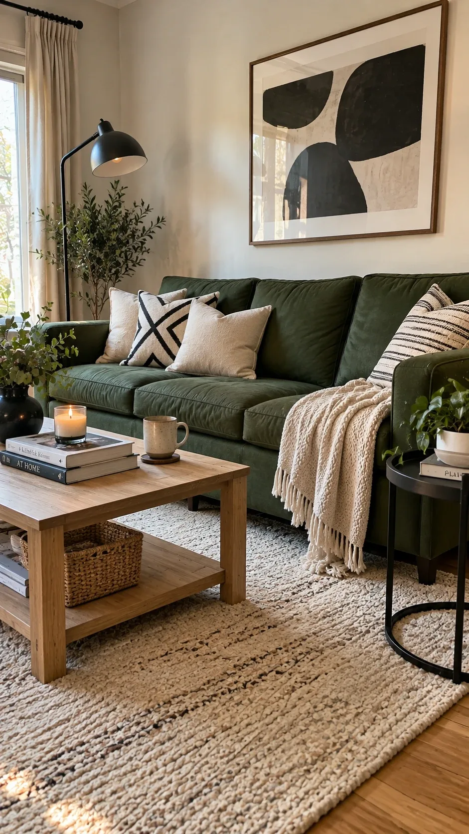 Dark green couch in a modern black and white living room with abstract art