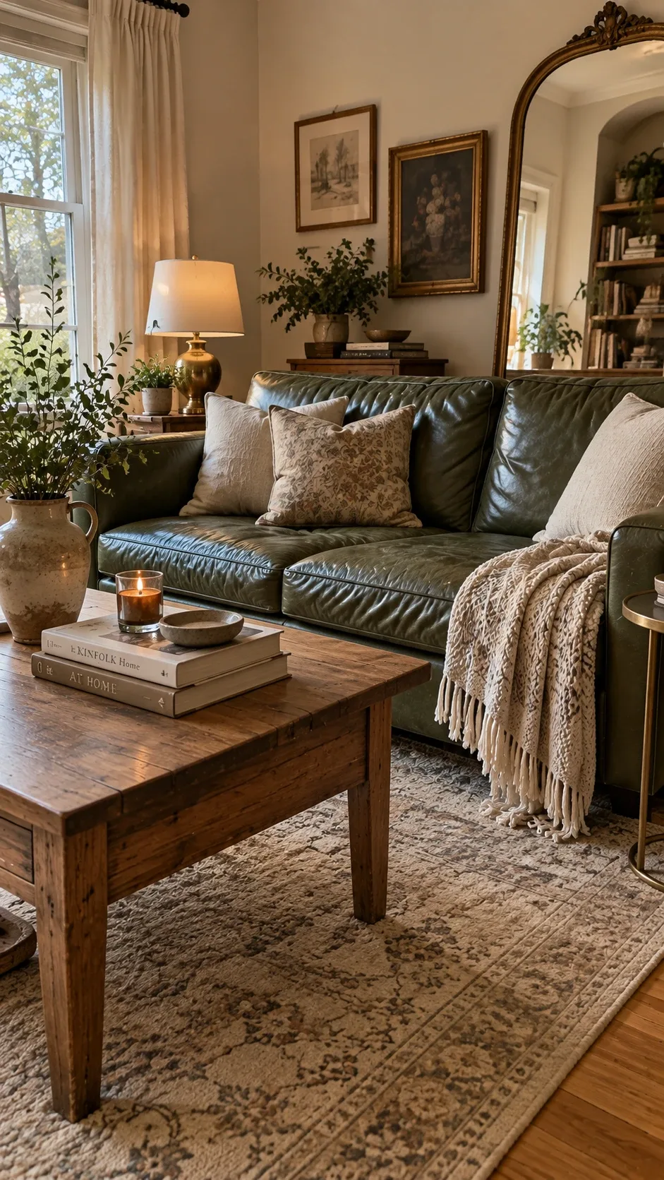 Green leather couch styled with brass lamp, vintage mirror, and wooden coffee table