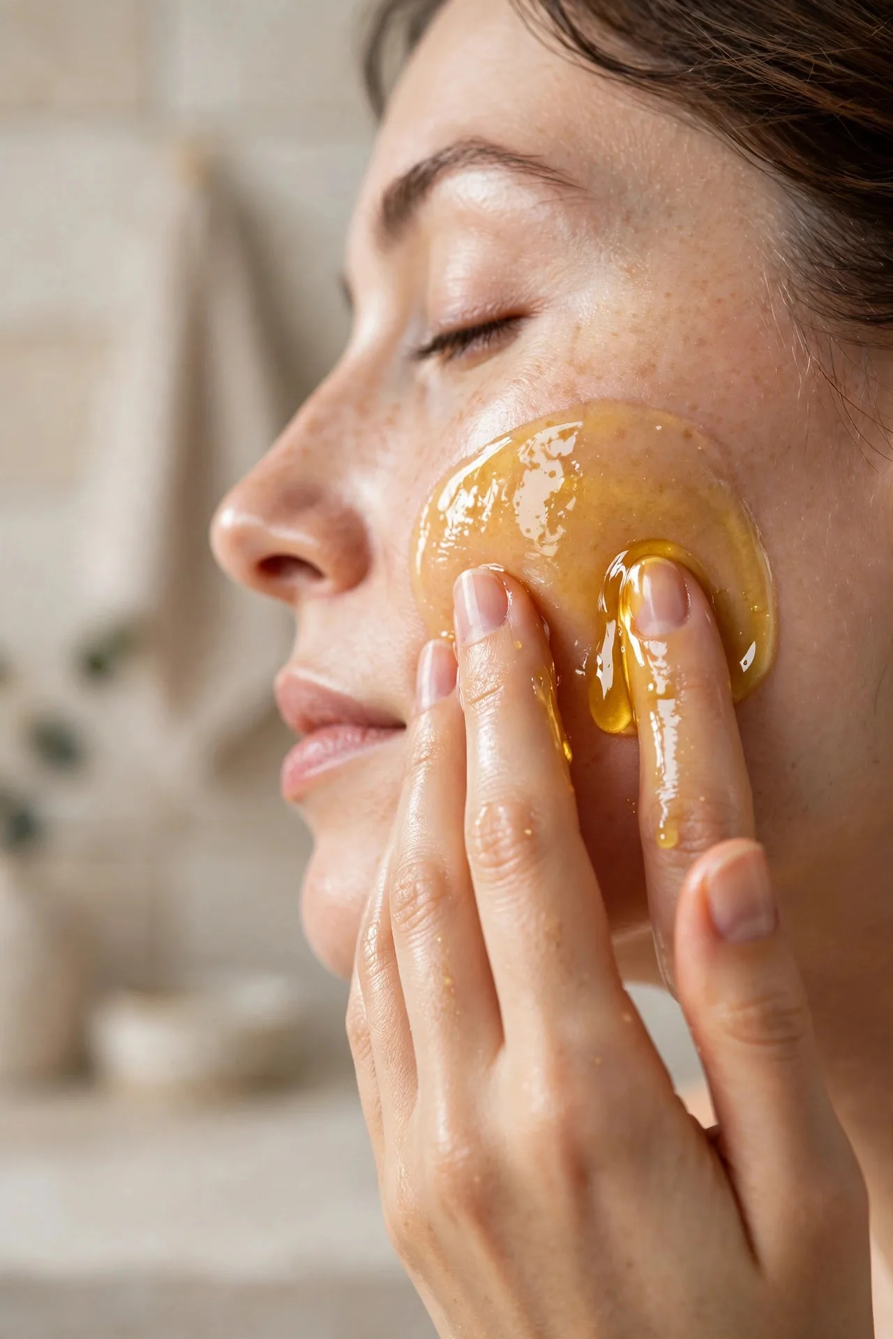 Hands massaging cleansing oil over the face during the first step of double cleansing