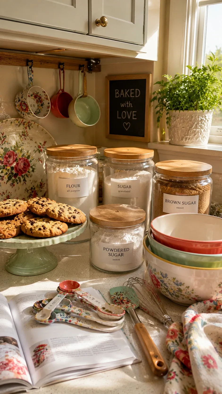 Fall kitchen baking corner with labeled flour and sugar jars, cookies and mixing bowl on the counter